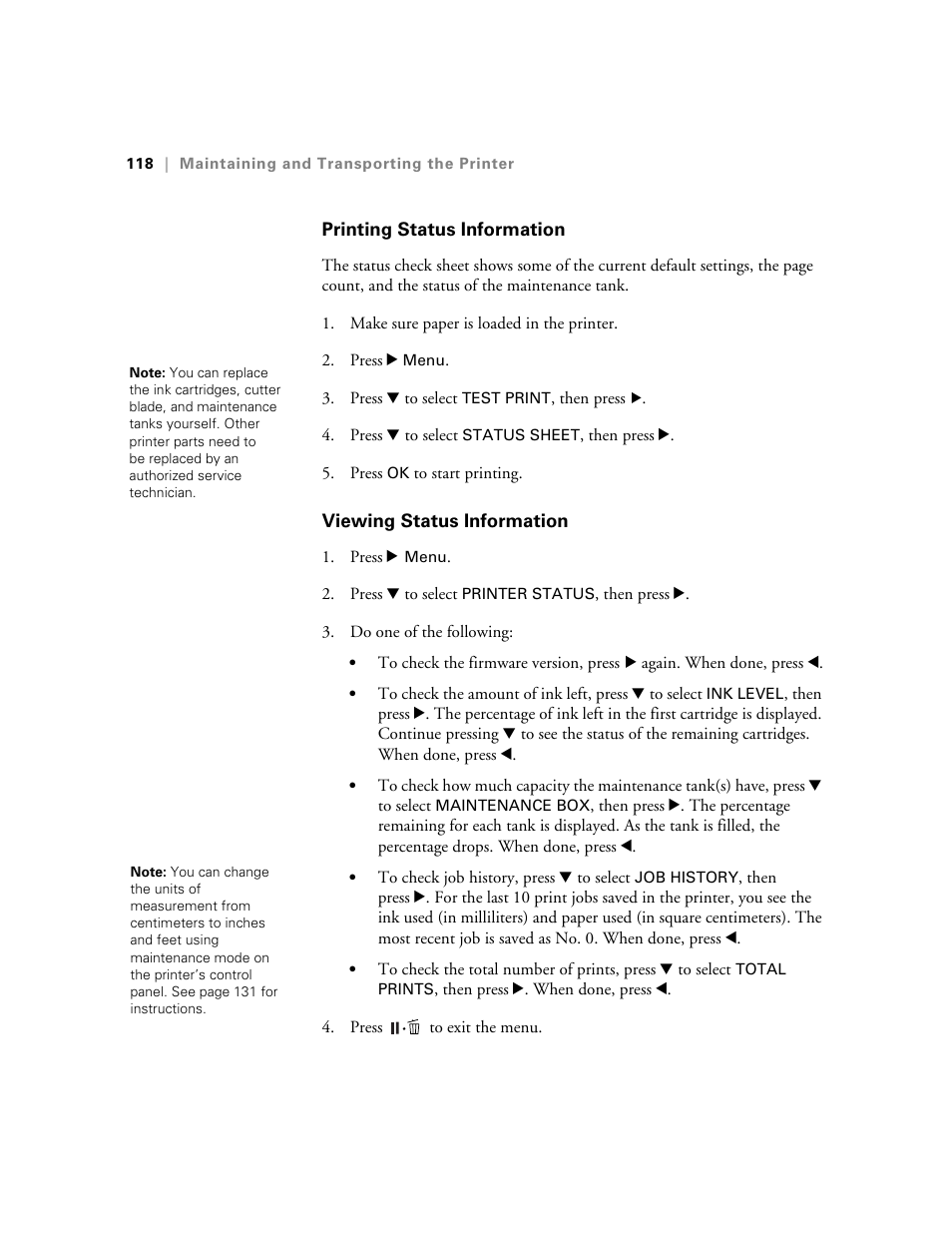 Printing status information, Viewing status information | Ericsson STYLUS PRO 4900 User Manual | Page 116 / 174