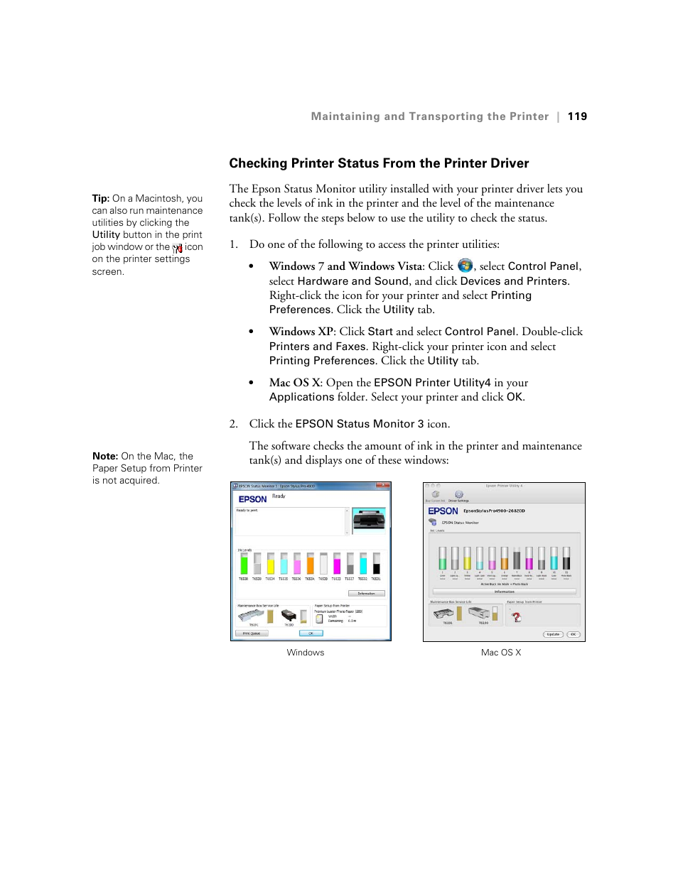 Checking printer status from the printer driver | Ericsson STYLUS PRO 4900 User Manual | Page 117 / 174