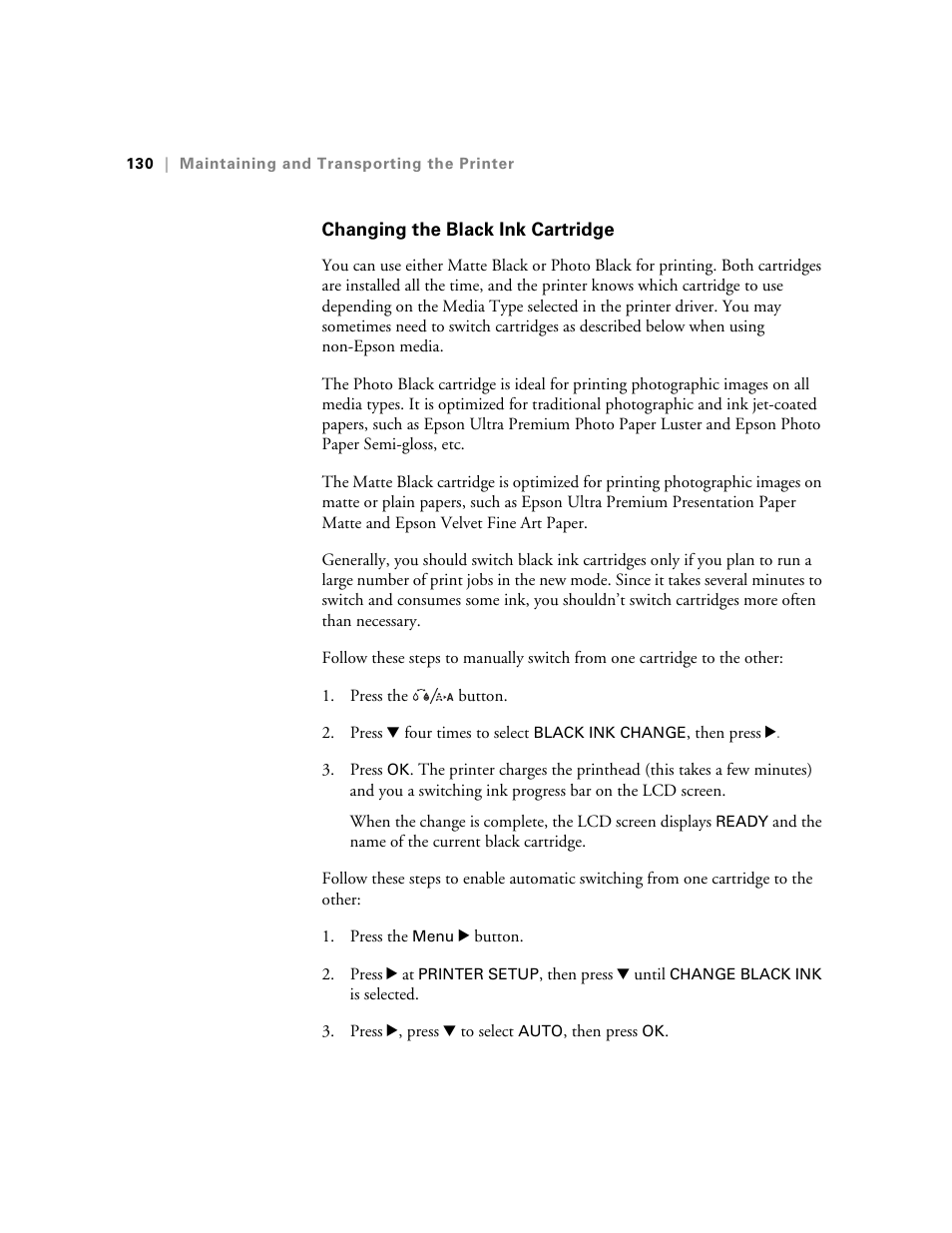 Changing the black ink cartridge | Ericsson STYLUS PRO 4900 User Manual | Page 128 / 174