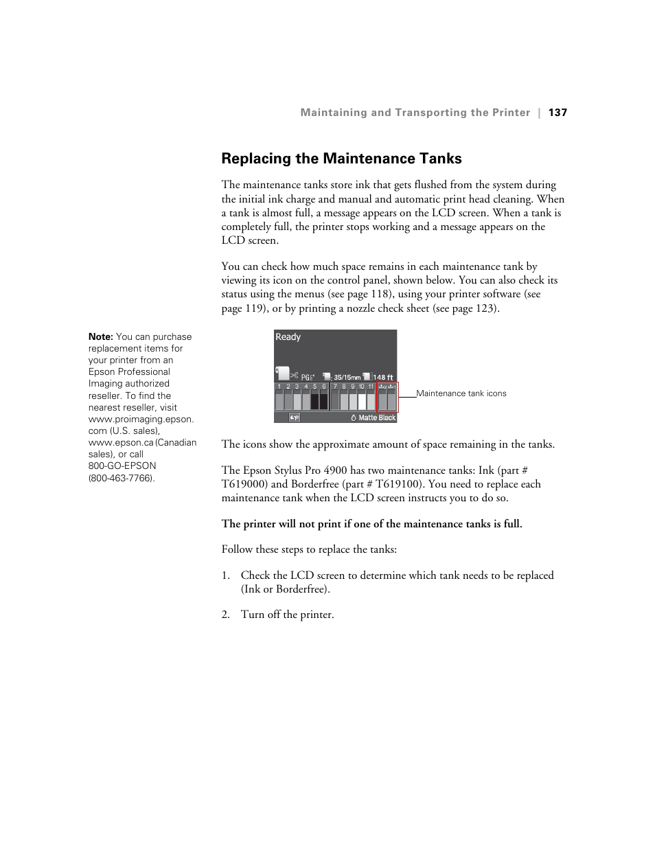 Replacing the maintenance tanks | Ericsson STYLUS PRO 4900 User Manual | Page 135 / 174