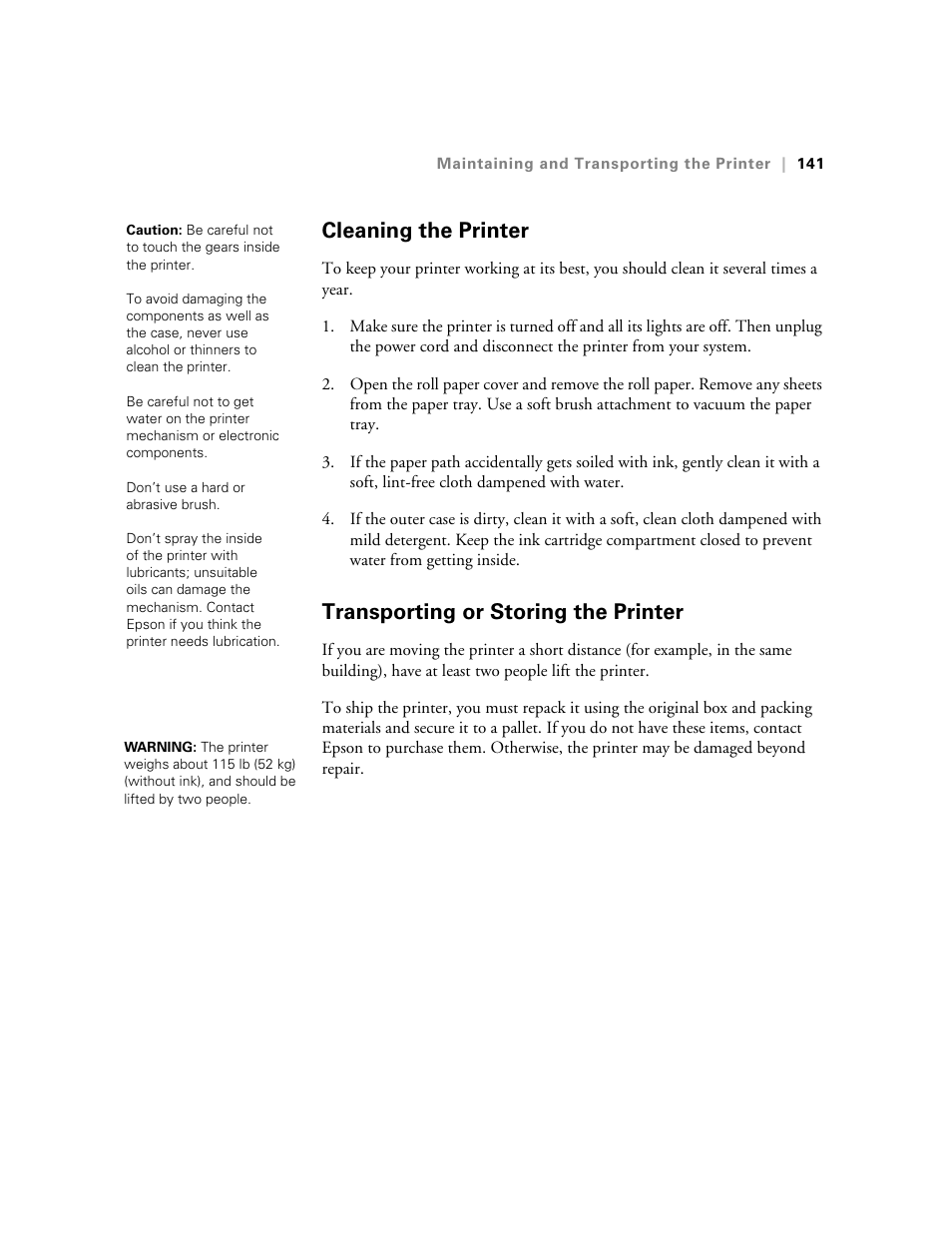 Cleaning the printer, Transporting or storing the printer | Ericsson STYLUS PRO 4900 User Manual | Page 139 / 174