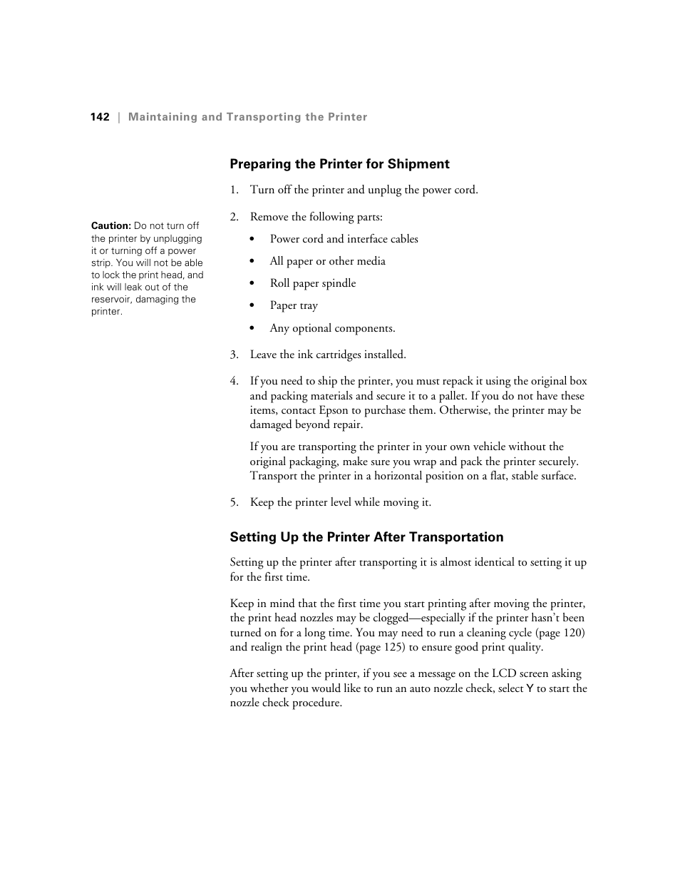 Preparing the printer for shipment, Setting up the printer after transportation | Ericsson STYLUS PRO 4900 User Manual | Page 140 / 174