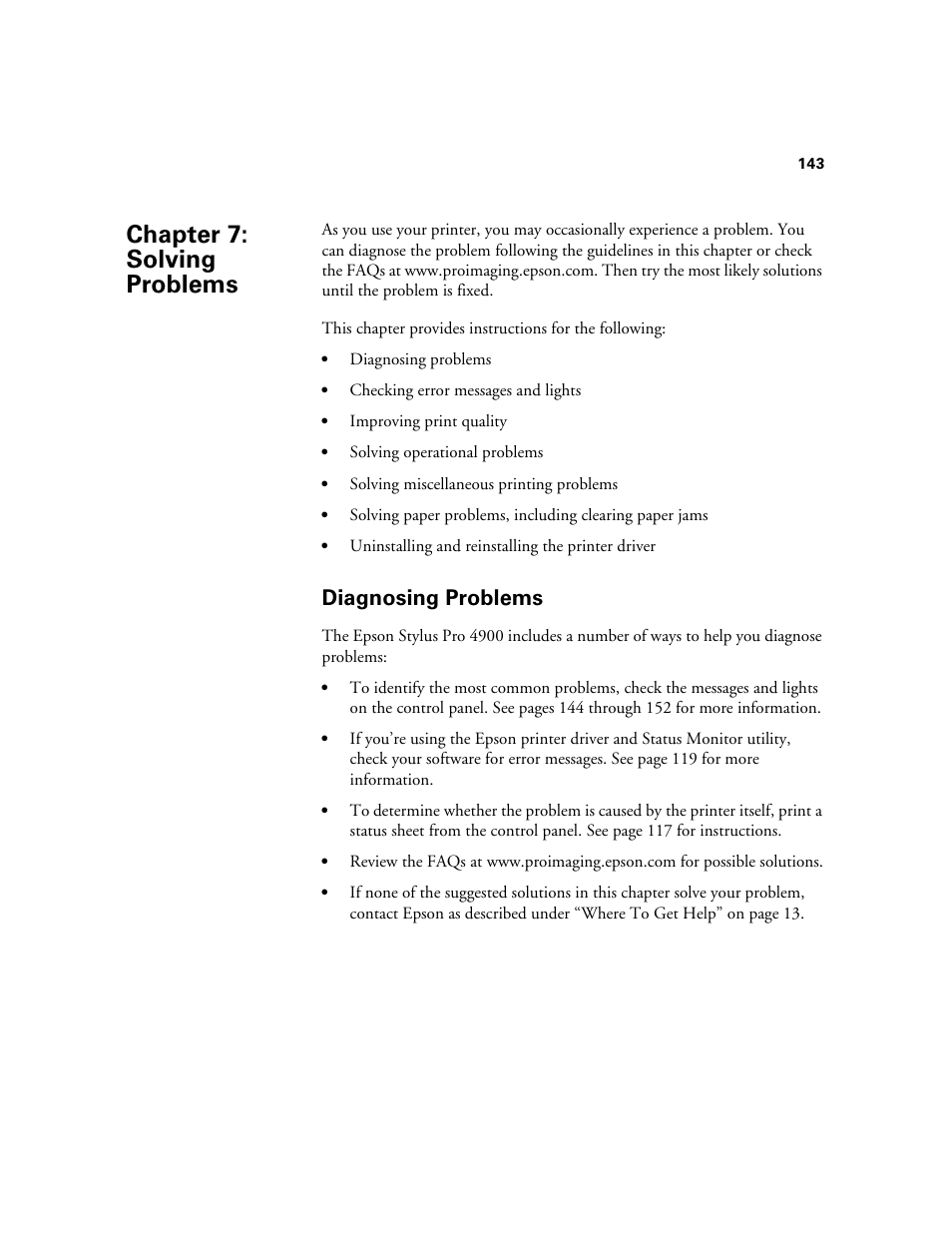 Chap 7-solving problems, Diagnosing problems, 7 solving problems | Chapter 7: solving problems | Ericsson STYLUS PRO 4900 User Manual | Page 141 / 174