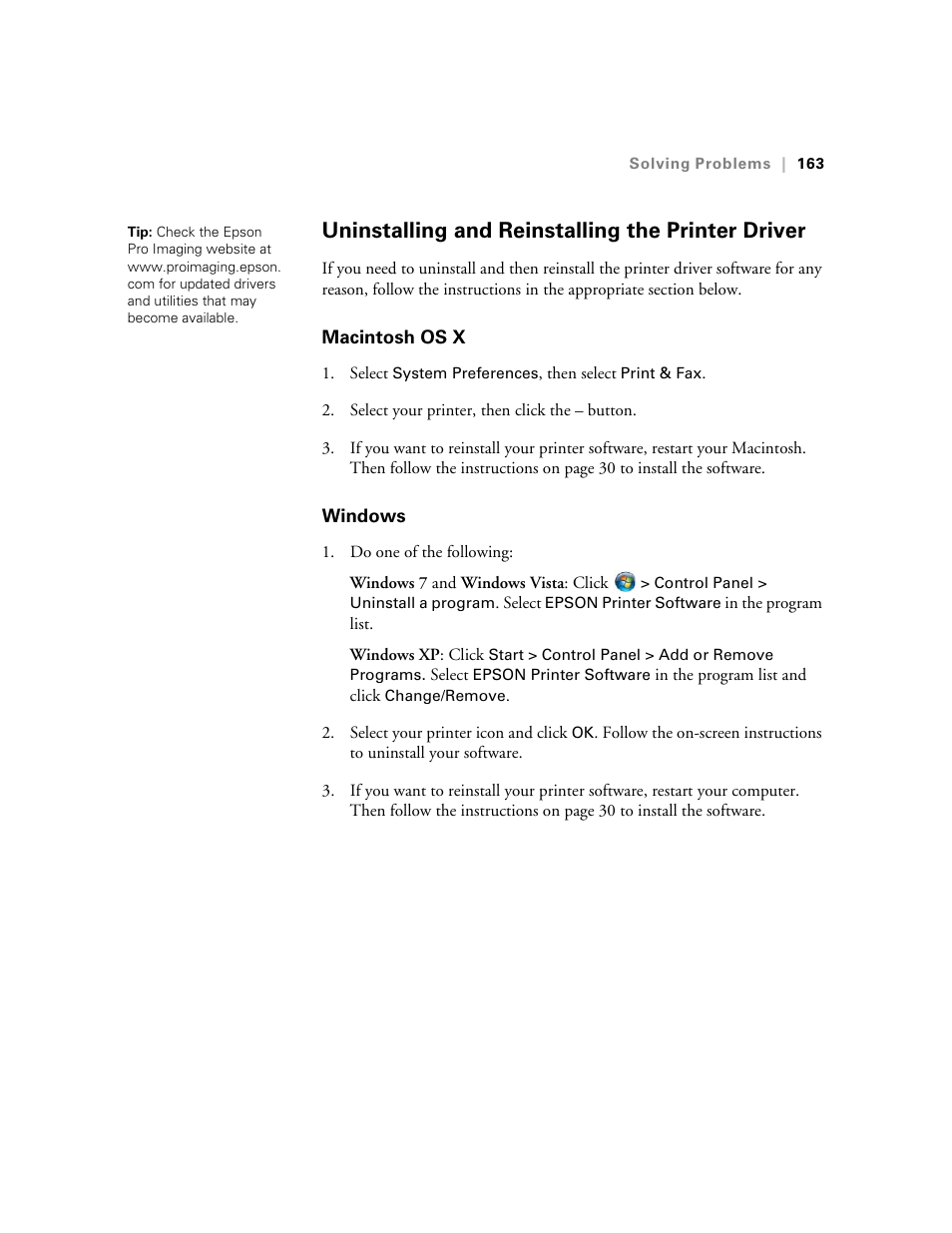 Uninstalling and reinstalling the printer driver, Macintosh os x, Windows | Macintosh os x windows | Ericsson STYLUS PRO 4900 User Manual | Page 161 / 174