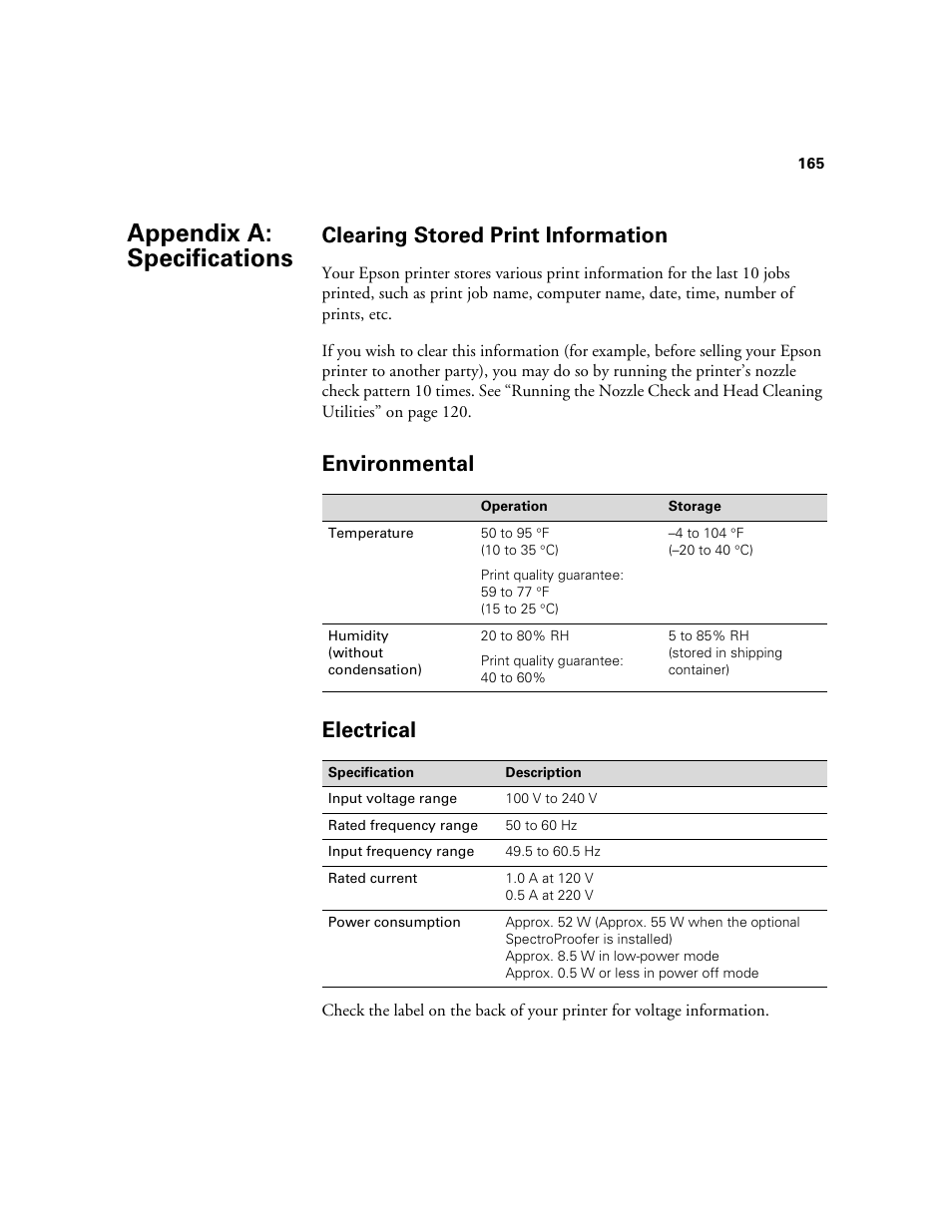 Appendix a: specifications, Clearing stored print information, Environmental | Electrical, A specifications, Environmental electrical | Ericsson STYLUS PRO 4900 User Manual | Page 163 / 174