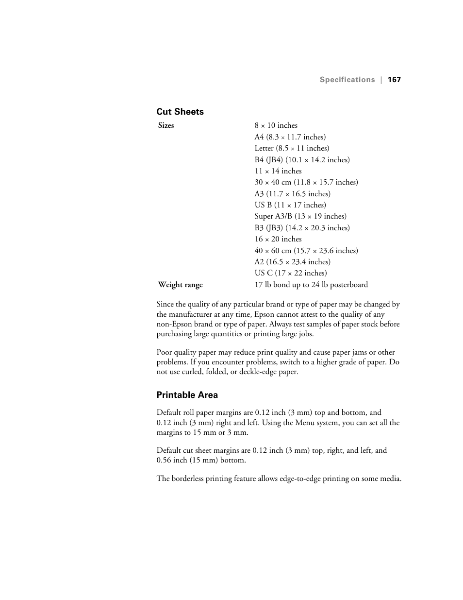 Cut sheets, Printable area, Cut sheets printable area | Ericsson STYLUS PRO 4900 User Manual | Page 165 / 174