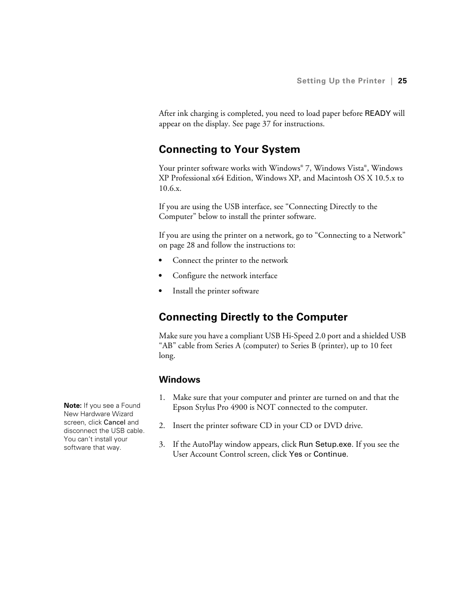 Connecting to your system, Connecting directly to the computer, Windows | Ericsson STYLUS PRO 4900 User Manual | Page 23 / 174