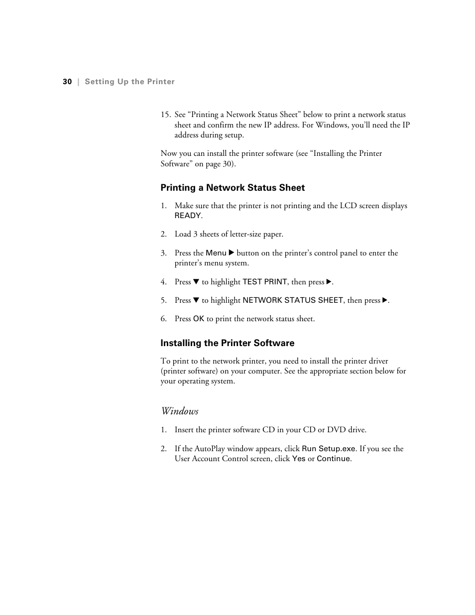 Printing a network status sheet, Installing the printer software, Windows | Ericsson STYLUS PRO 4900 User Manual | Page 28 / 174