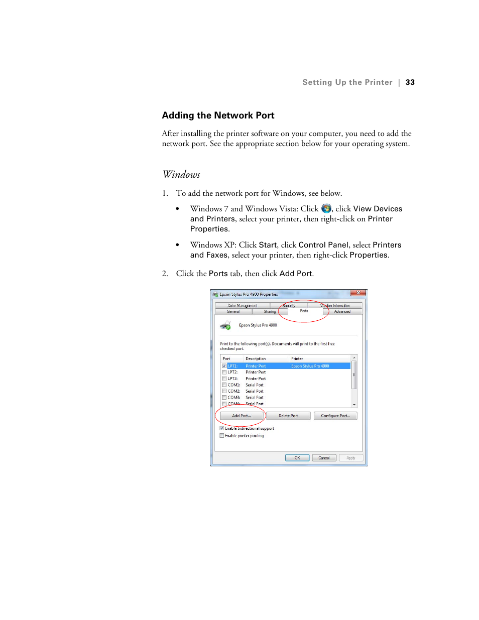 Adding the network port, Windows | Ericsson STYLUS PRO 4900 User Manual | Page 31 / 174