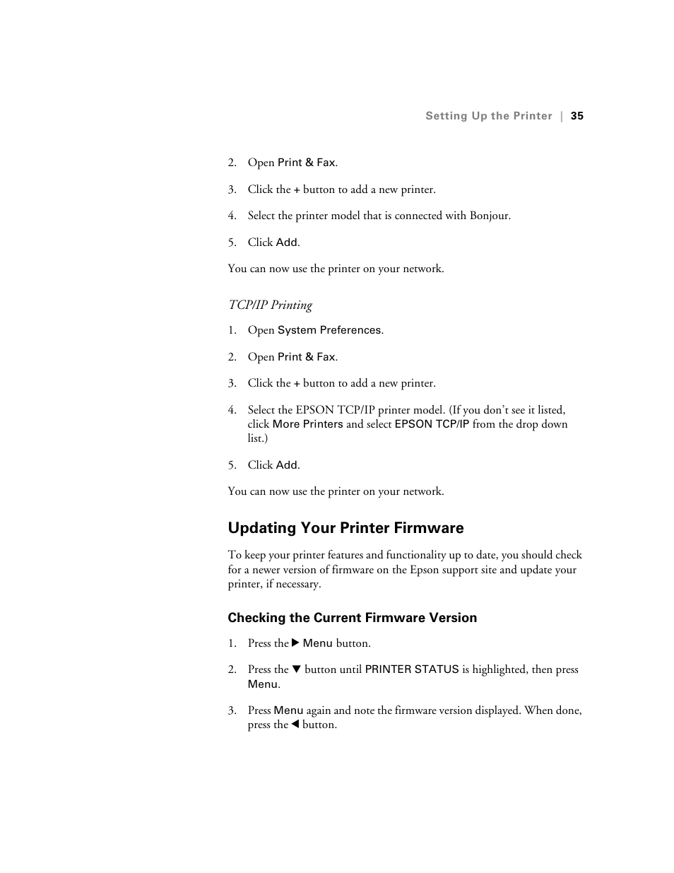 Updating your printer firmware, Checking the current firmware version, Updating the printer firmware | Ericsson STYLUS PRO 4900 User Manual | Page 33 / 174