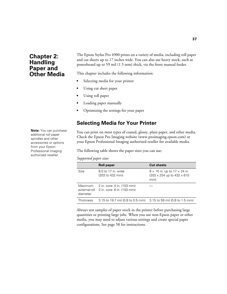 Chap 2-handling paper and other media, Selecting media for your printer, 2 handling paper and other media | Chapter 2: handling paper and other media | Ericsson STYLUS PRO 4900 User Manual | Page 35 / 174