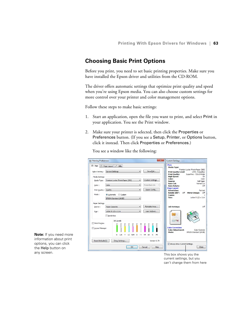 Choosing basic print options | Ericsson STYLUS PRO 4900 User Manual | Page 61 / 174