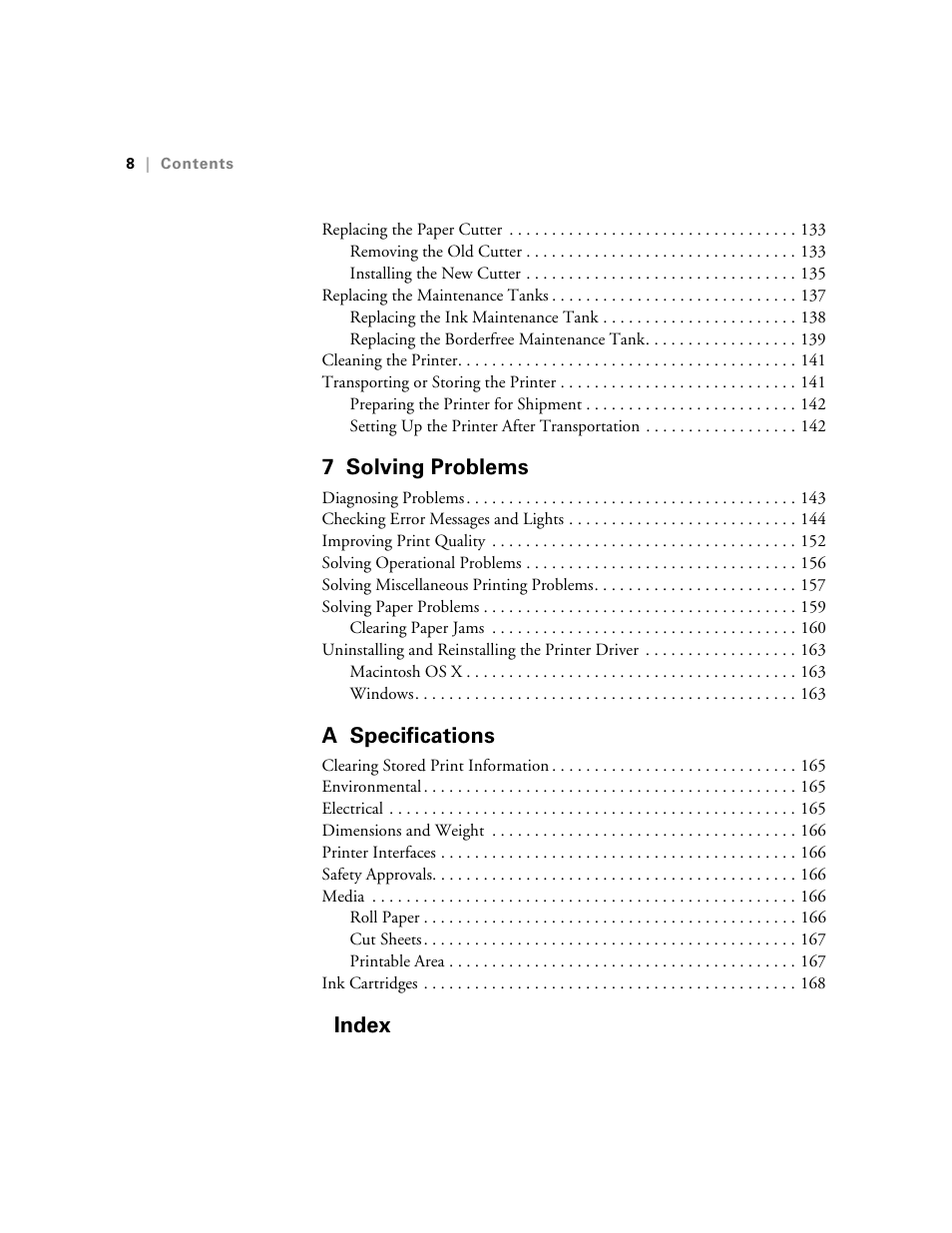 7 solving problems, A specifications, Index | Ericsson STYLUS PRO 4900 User Manual | Page 8 / 174