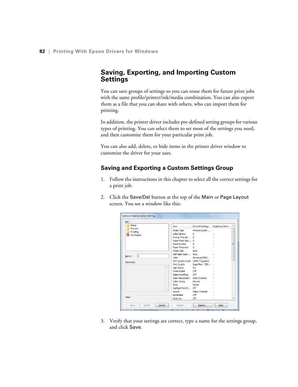 Saving, exporting, and importing custom settings, Saving and exporting a custom settings group | Ericsson STYLUS PRO 4900 User Manual | Page 80 / 174
