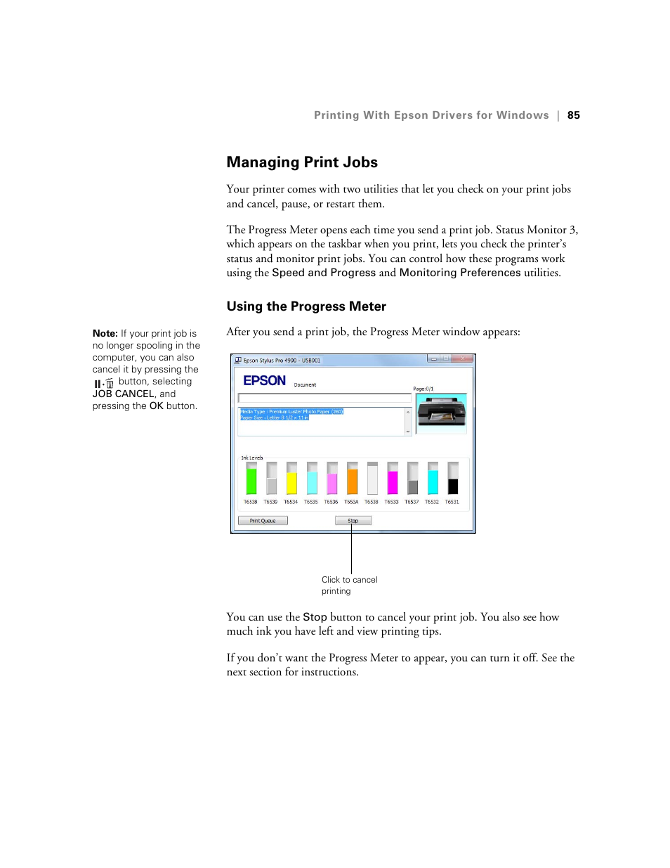 Managing print jobs, Using the progress meter | Ericsson STYLUS PRO 4900 User Manual | Page 83 / 174