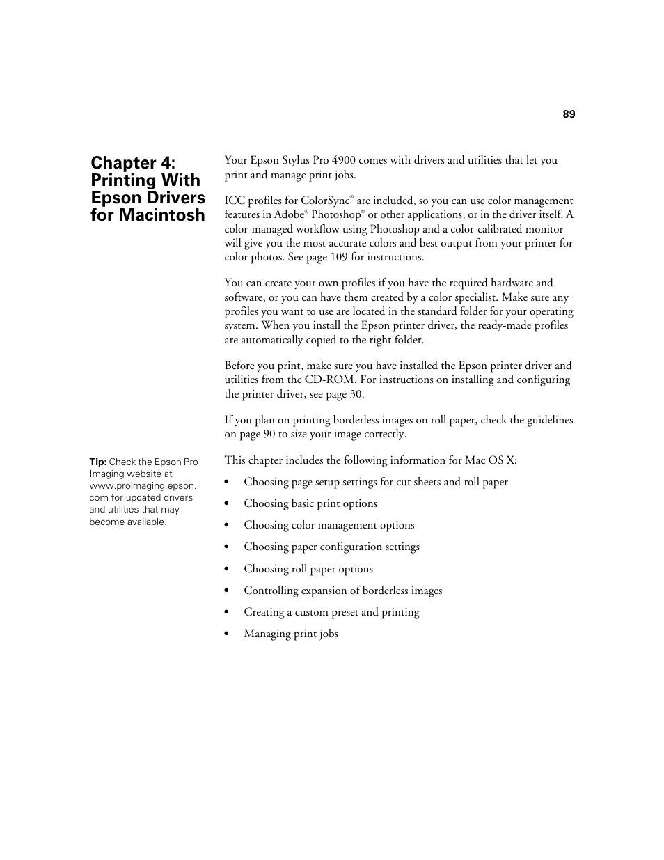Chap 4-printing with epson drivers for macintosh, 4 printing with epson drivers for macintosh | Ericsson STYLUS PRO 4900 User Manual | Page 87 / 174