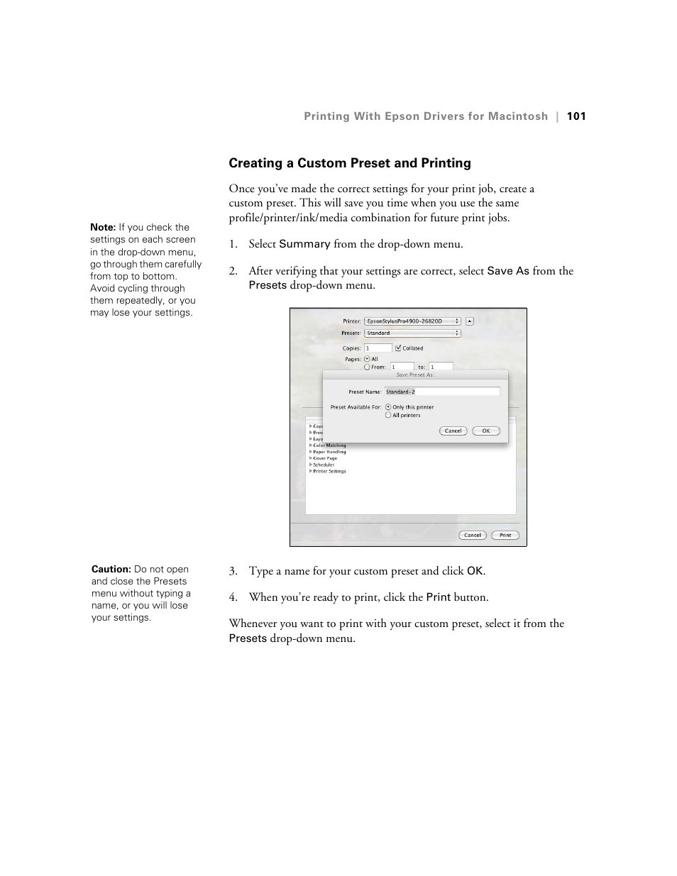 Creating a custom preset and printing | Ericsson STYLUS PRO 4900 User Manual | Page 99 / 174
