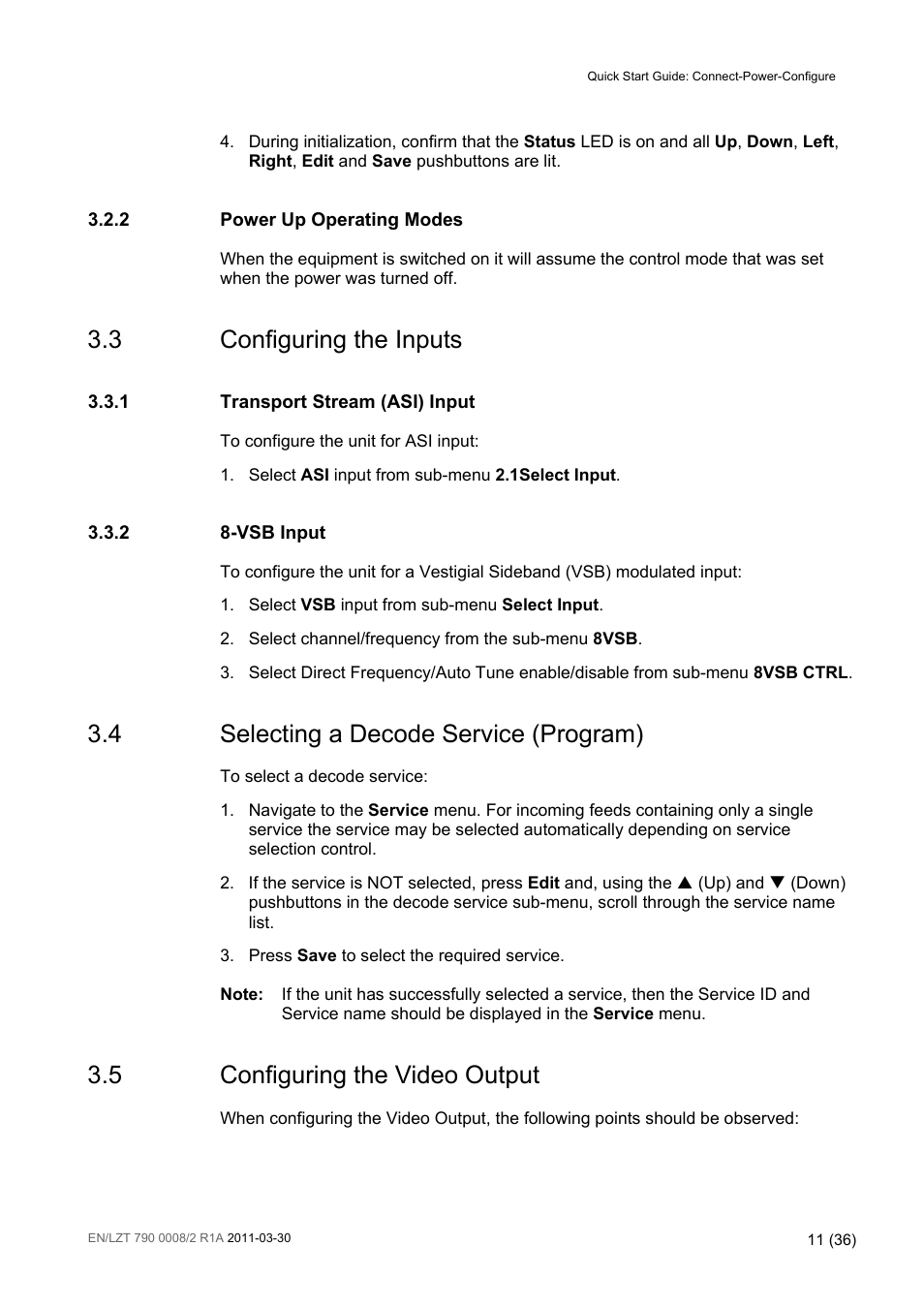 3 configuring the inputs, 4 selecting a decode service (program), 5 configuring the video output | Configuring the inputs, Selecting a decode service (program), Configuring the video output | Ericsson ATSC Broadcast Receiver RX8320 User Manual | Page 11 / 36