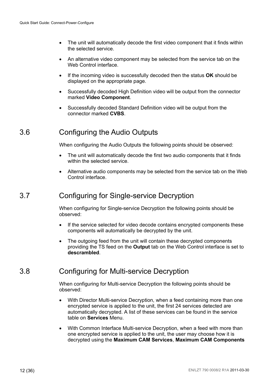 6 configuring the audio outputs, 7 configuring for single-service decryption, 8 configuring for multi-service decryption | Configuring the audio outputs, Configuring for single-service decryption, Configuring for multi-service decryption | Ericsson ATSC Broadcast Receiver RX8320 User Manual | Page 12 / 36
