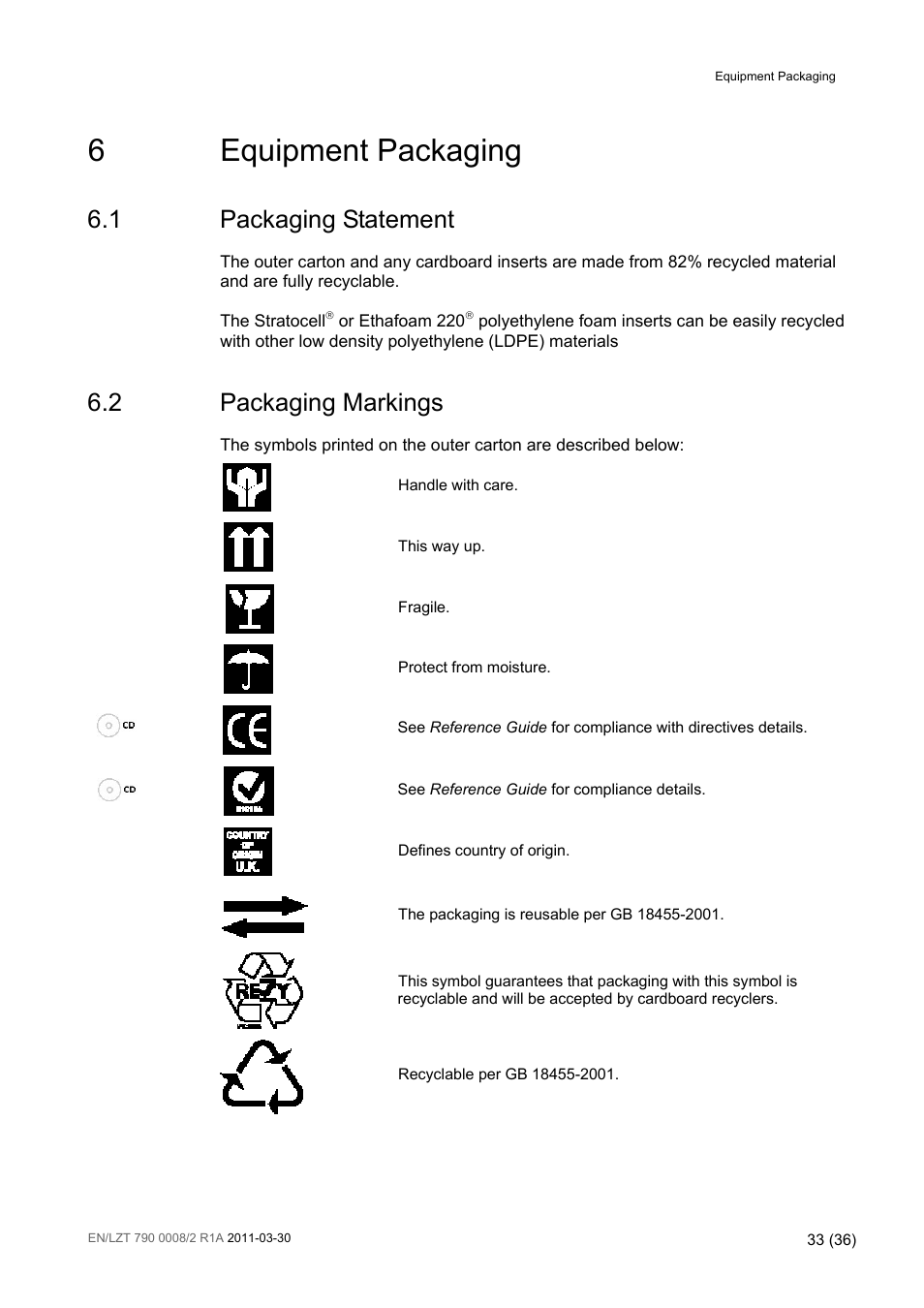6 equipment packaging, 1 packaging statement, 2 packaging markings | Equipment packaging, Packaging statement, Packaging markings, 6equipment packaging | Ericsson ATSC Broadcast Receiver RX8320 User Manual | Page 33 / 36