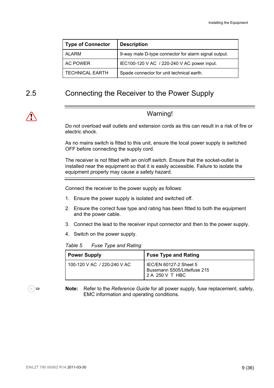 5 connecting the receiver to the power supply, Connecting the receiver to the power supply, Table 5 | Fuse type and rating, Warning | Ericsson ATSC Broadcast Receiver RX8320 User Manual | Page 9 / 36