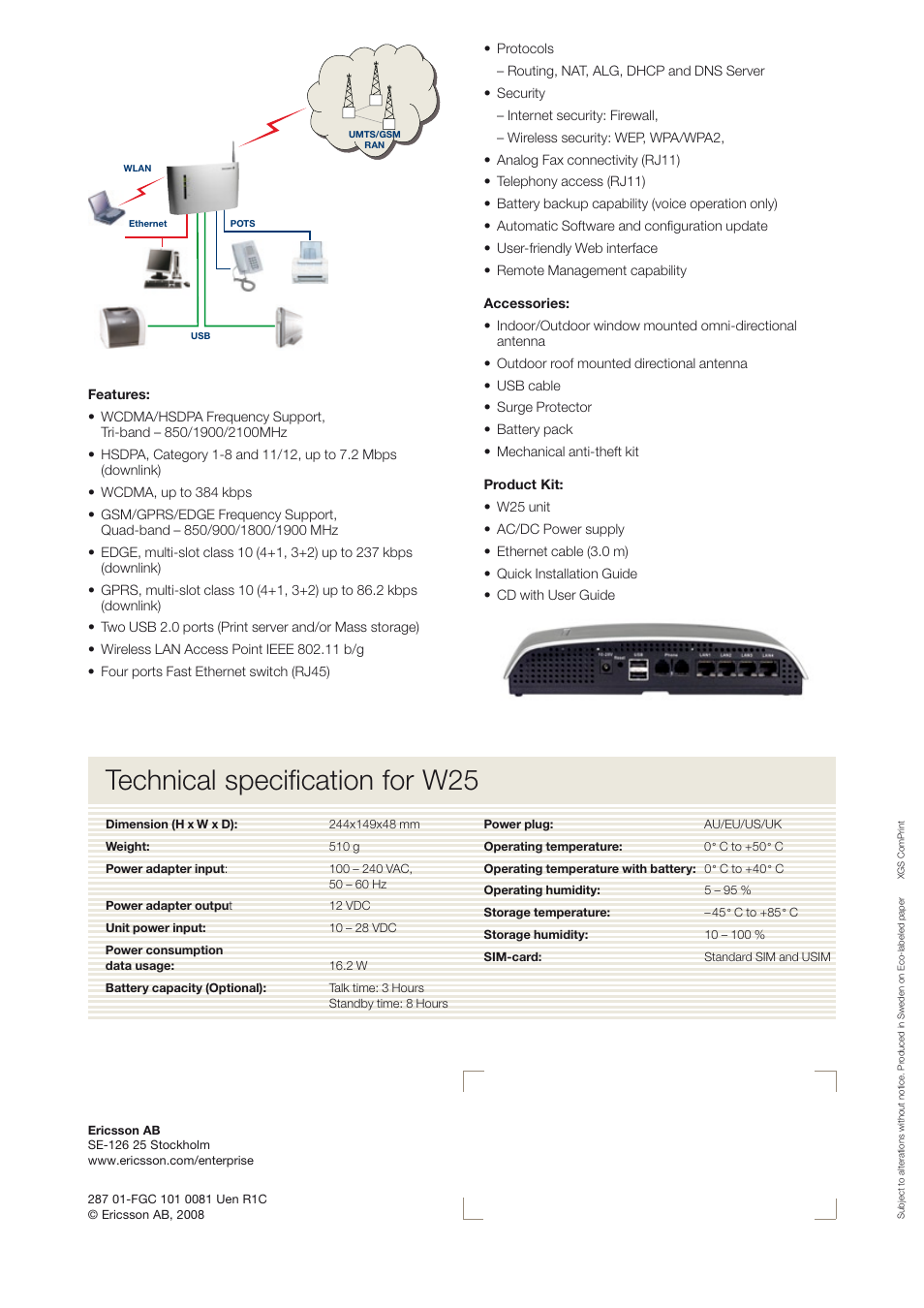 Technical specification for w25 | Ericsson W25 User Manual | Page 2 / 2