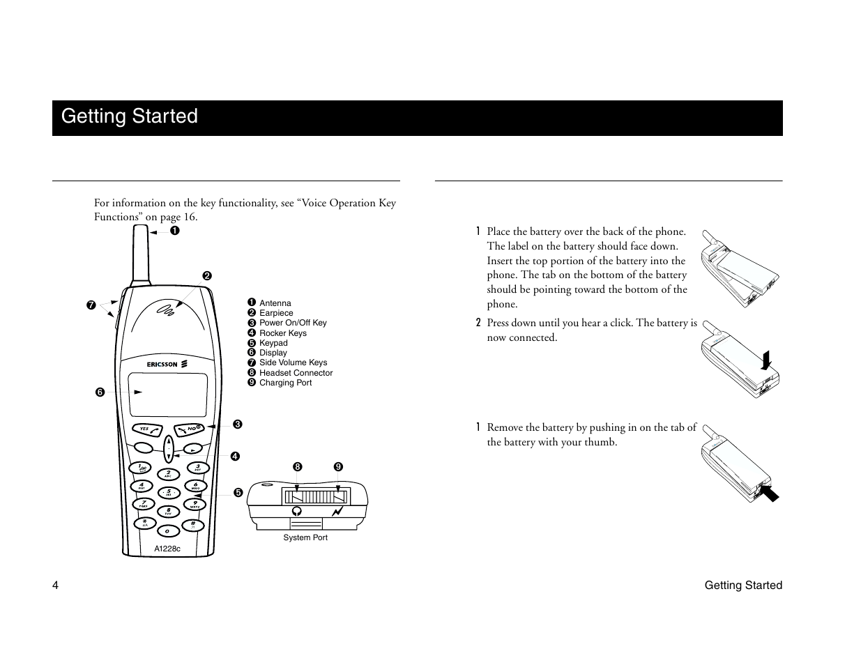 Not for commercial use - ericsson inc, Getting started, Parts of your phone | Connecting and removing your battery | Ericsson A1228c User Manual | Page 10 / 60