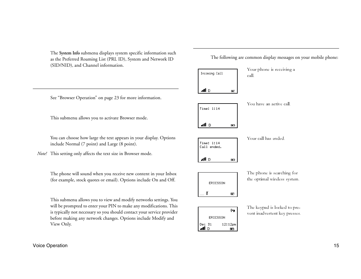 Not for commercial use - ericsson inc, Browser menu, Voice operation display messages | Ericsson A1228c User Manual | Page 21 / 60