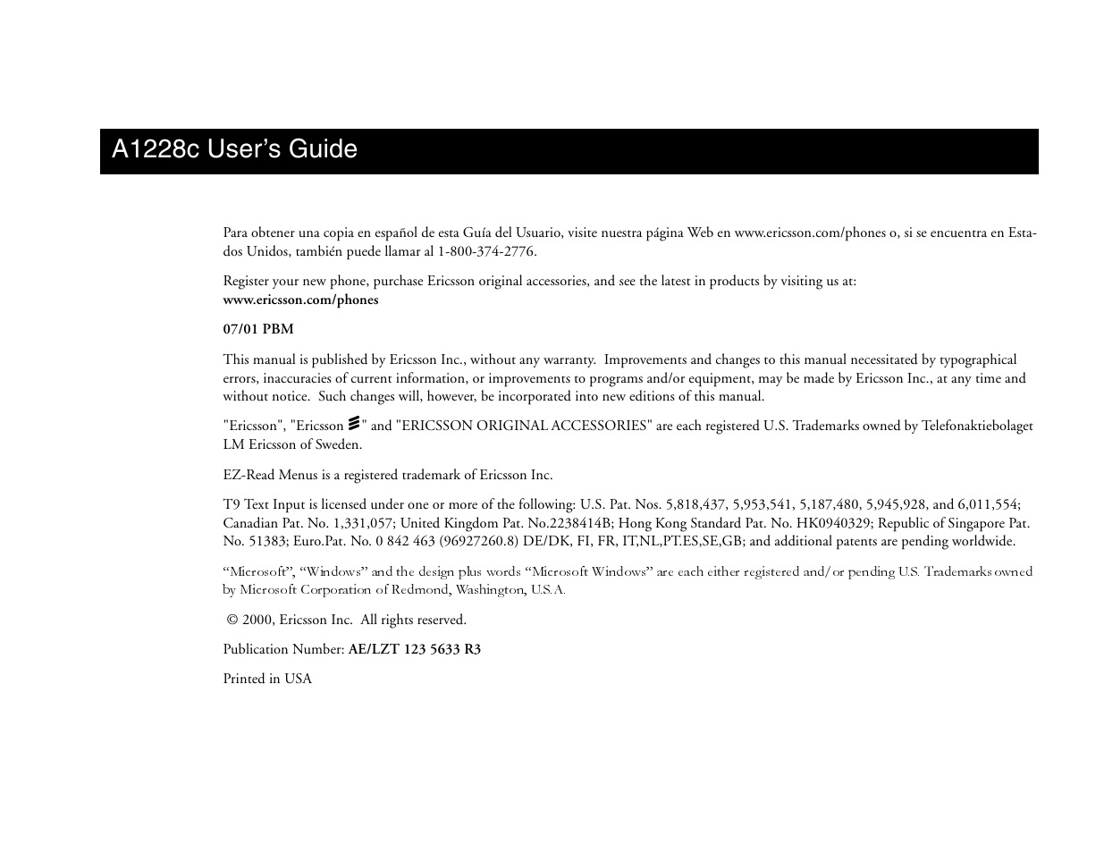 Not for commercial use - ericsson inc, A1228c user’s guide | Ericsson A1228c User Manual | Page 3 / 60