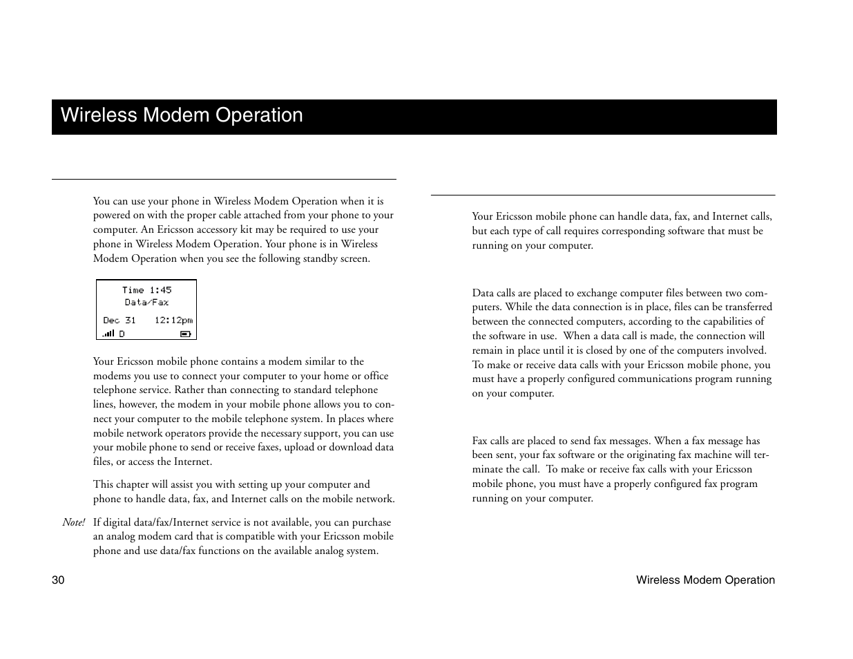 Not for commercial use - ericsson inc, Wireless modem operation | Ericsson A1228c User Manual | Page 36 / 60