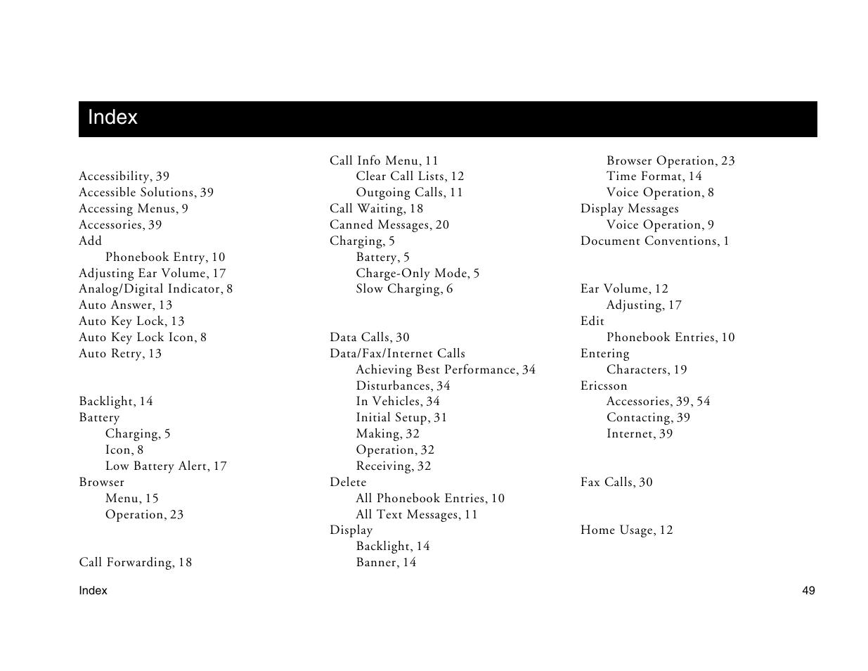 Not for commercial use - ericsson inc, Index | Ericsson A1228c User Manual | Page 55 / 60