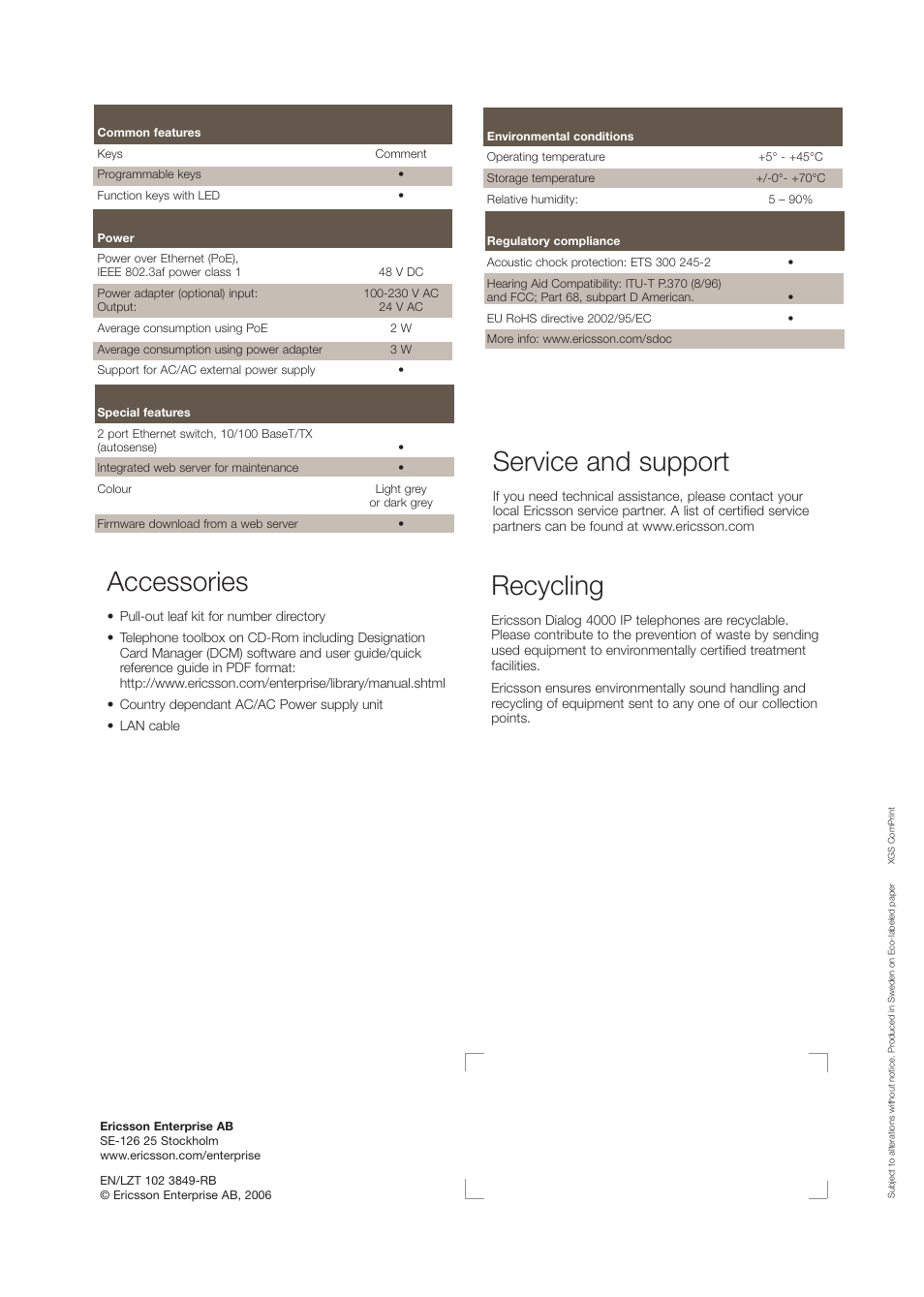 Accessories, Service and support, Recycling | Ericsson Dialog 4000 IP User Manual | Page 4 / 4