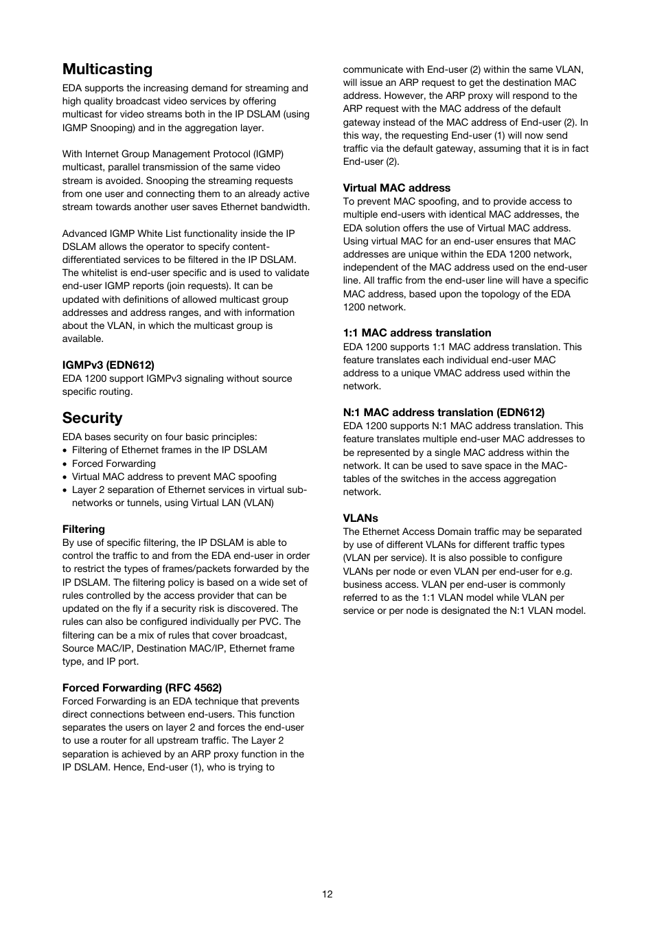 Multicasting, Security | Ericsson SOLUTION DESCRIPTION EDA 1200 4.0 User Manual | Page 12 / 22