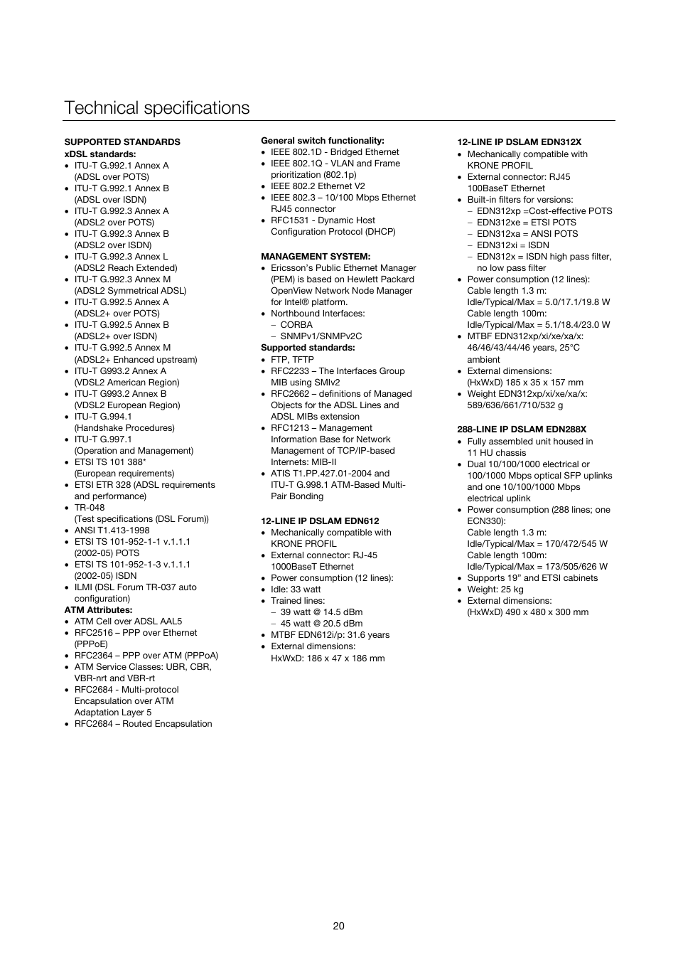 Technical specifications | Ericsson SOLUTION DESCRIPTION EDA 1200 4.0 User Manual | Page 20 / 22