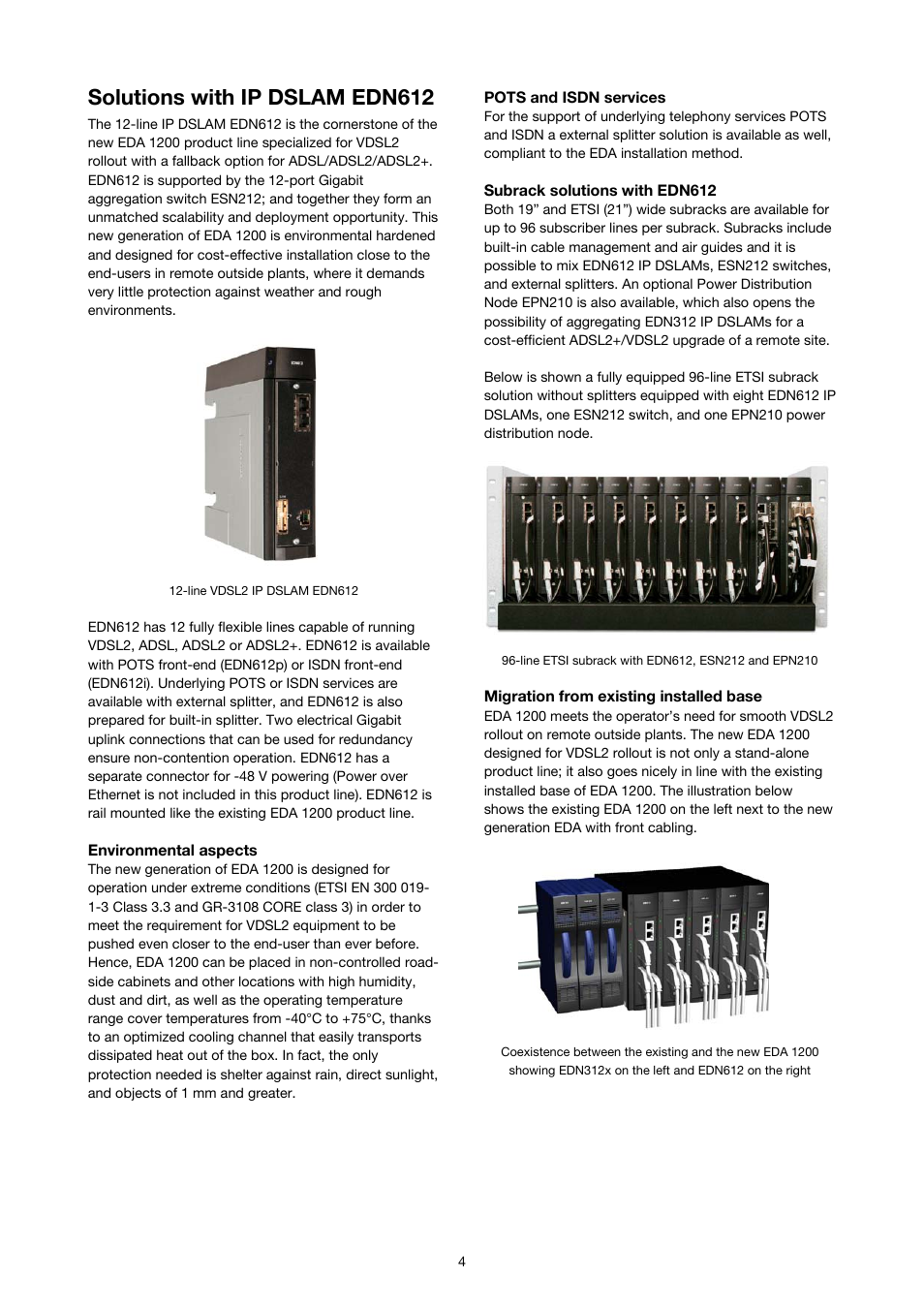 Pots and isdn services, Solutions with ip dslam edn612 | Ericsson SOLUTION DESCRIPTION EDA 1200 4.0 User Manual | Page 4 / 22