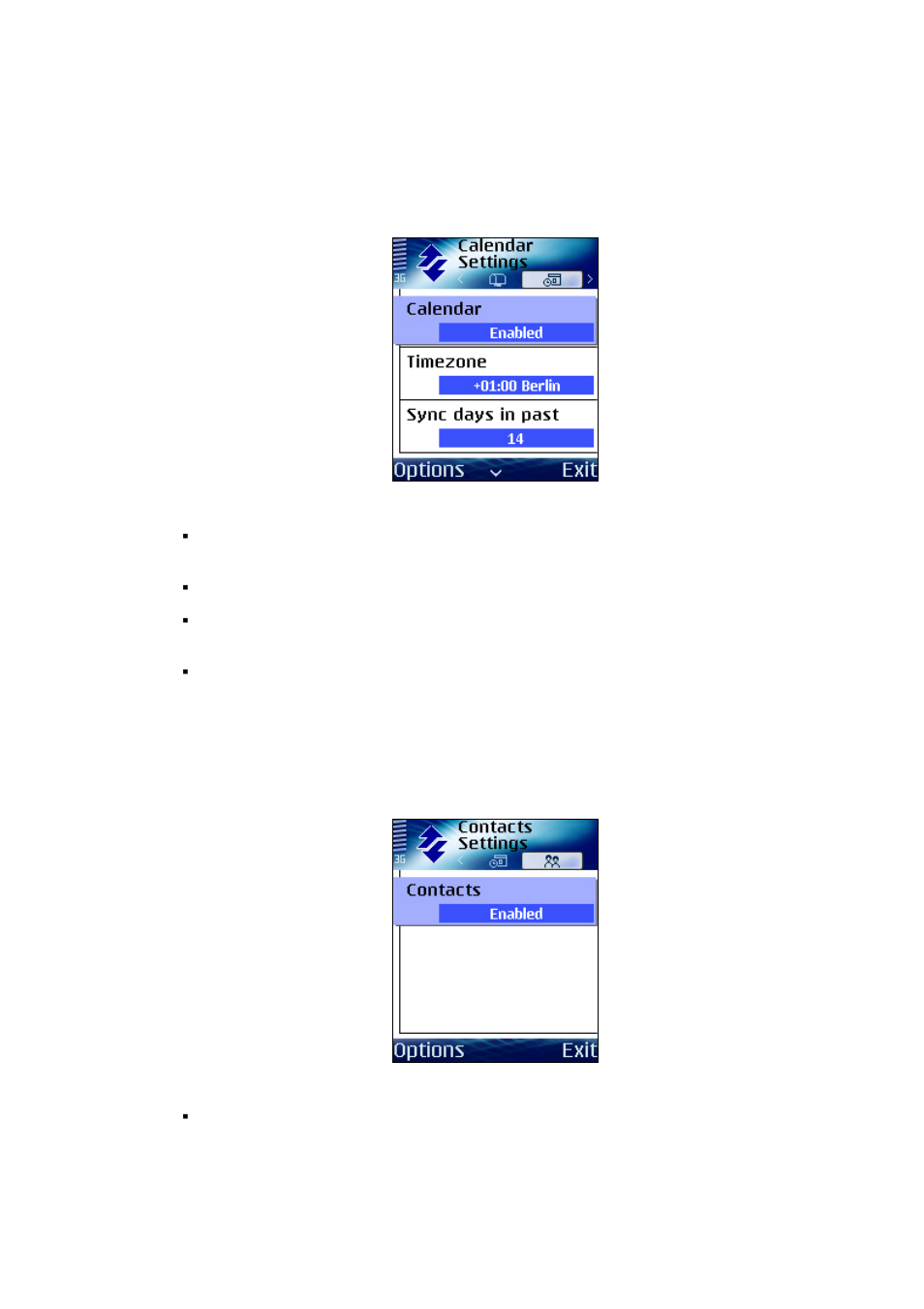 Calendar settings, Contacts settings | Ericsson S60 User Manual | Page 16 / 28