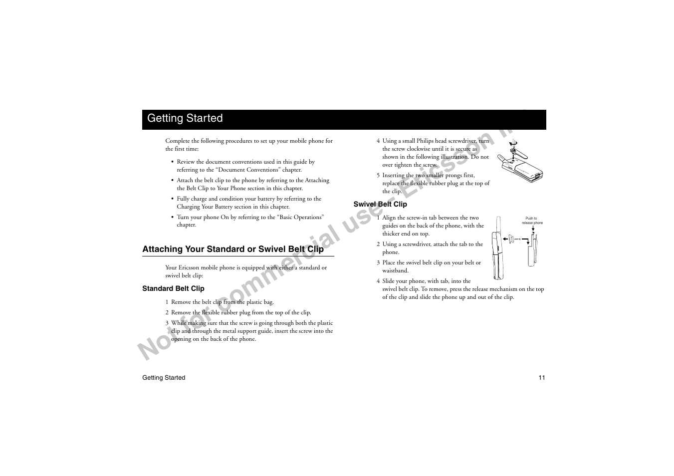 Getting started, Attaching your standard or swivel belt clip, No t f or co m m er cia l u se - e ric ss on in c | Ericsson T18di User Manual | Page 15 / 84