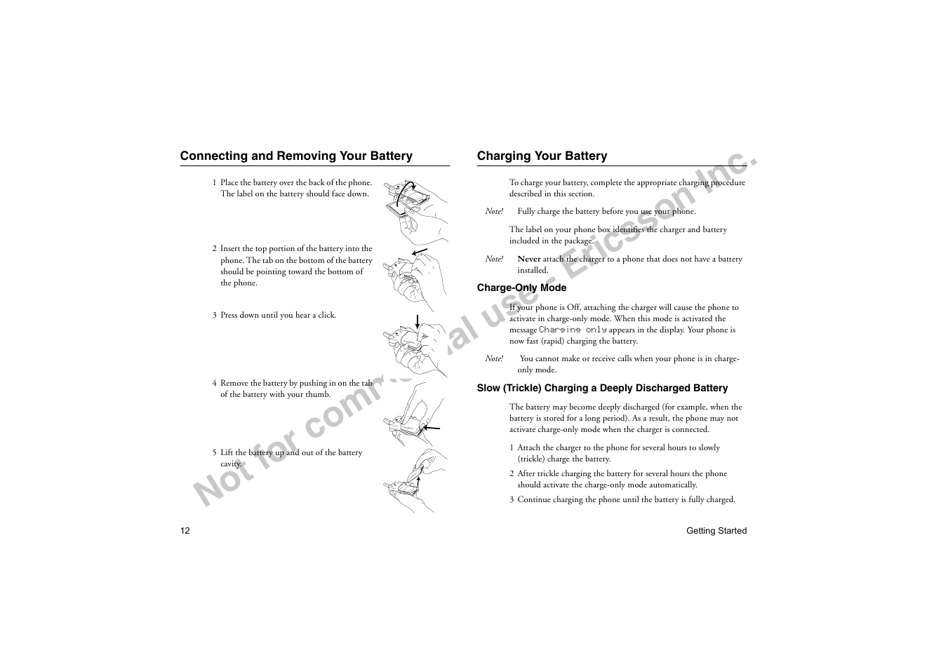 Connecting and removing your battery, Charging your battery, No t f or co m m er cia l u se - e ric ss on in c | Ericsson T18di User Manual | Page 16 / 84