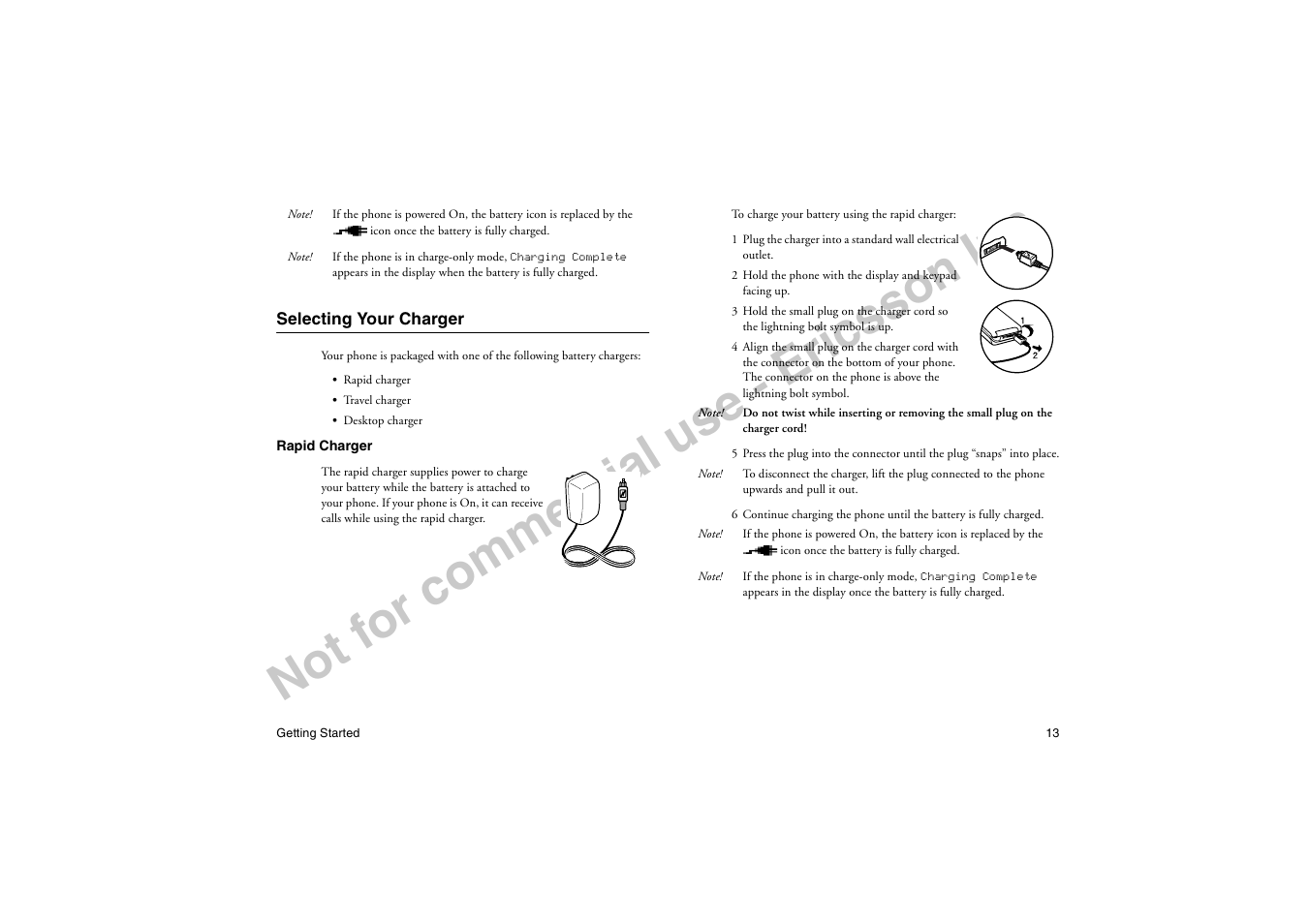 Selecting your charger, No t f or co m m er cia l u se - e ric ss on in c | Ericsson T18di User Manual | Page 17 / 84