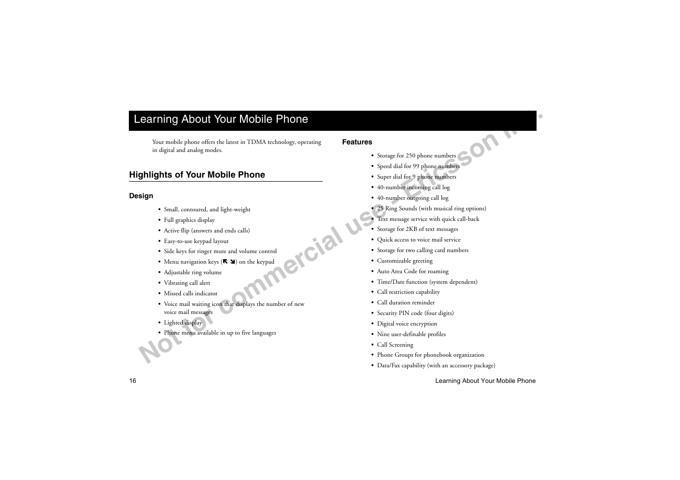 Learning about your mobile phone, Highlights of your mobile phone, No t f or co m m er cia l u se - e ric ss on in c | Ericsson T18di User Manual | Page 20 / 84