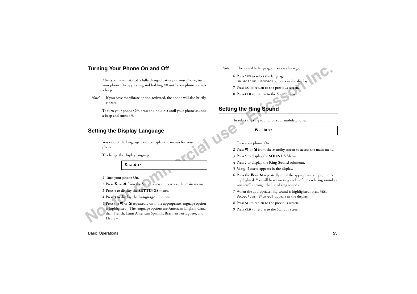 Turning your phone on and off, Setting the display language, Setting the ring sound | No t f or co m m er cia l u se - e ric ss on in c | Ericsson T18di User Manual | Page 27 / 84