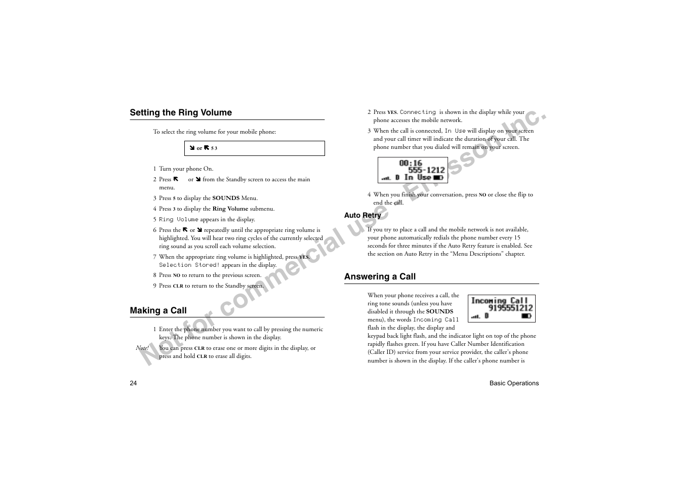 Setting the ring volume, Making a call, Answering a call | No t f or co m m er cia l u se - e ric ss on in c | Ericsson T18di User Manual | Page 28 / 84