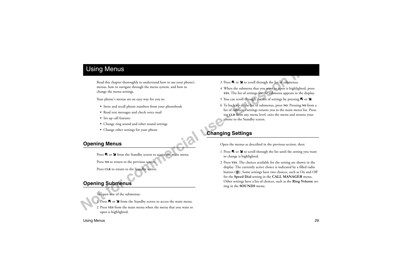 Using menus, Opening menus, Opening submenus | Changing settings, Opening menus opening submenus changing settings, No t f or co m m er cia l u se - e ric ss on in c | Ericsson T18di User Manual | Page 33 / 84