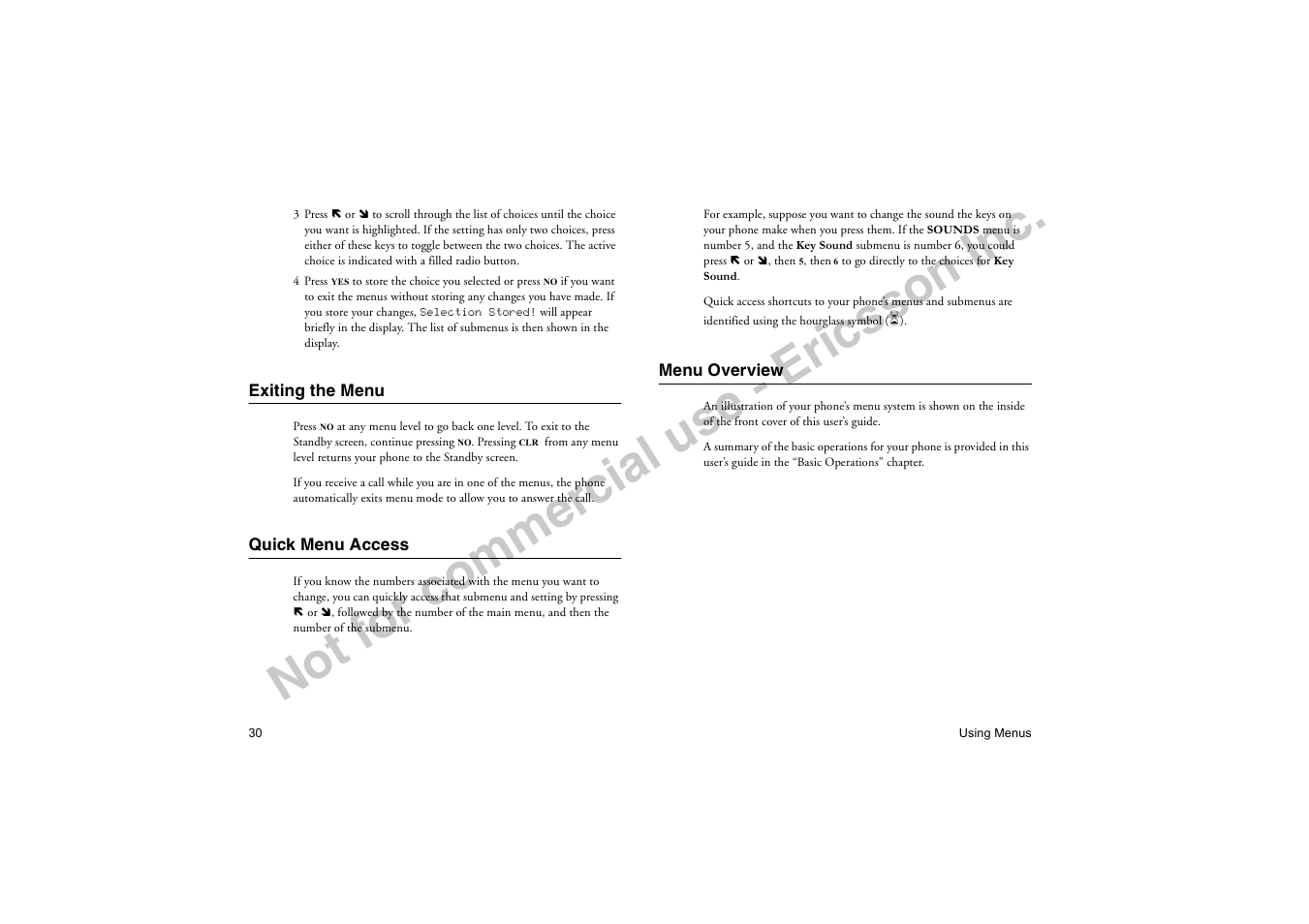 Exiting the menu, Quick menu access, Menu overview | Exiting the menu quick menu access menu overview, No t f or co m m er cia l u se - e ric ss on in c | Ericsson T18di User Manual | Page 34 / 84