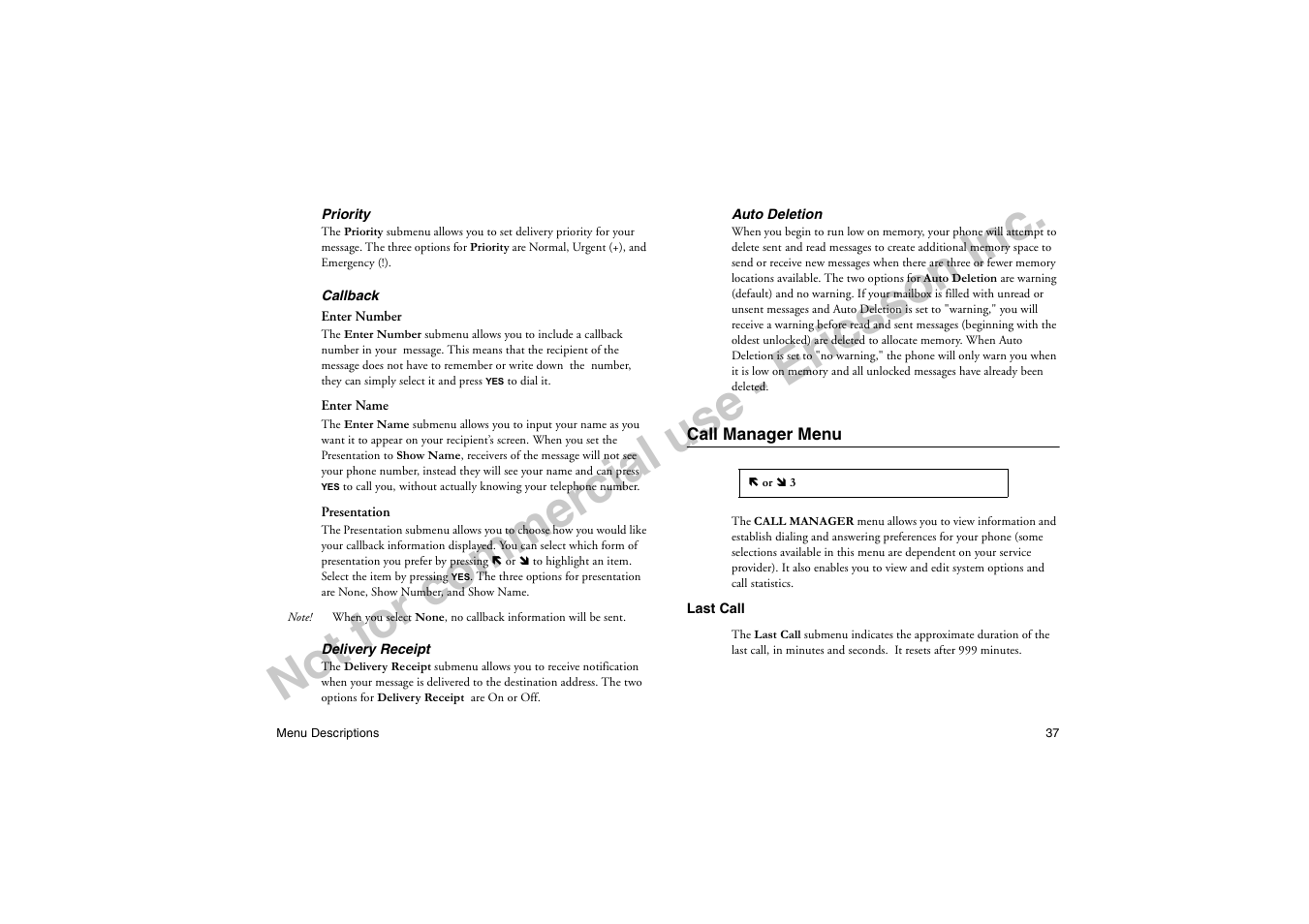 Call manager menu, No t f or co m m er cia l u se - e ric ss on in c | Ericsson T18di User Manual | Page 41 / 84