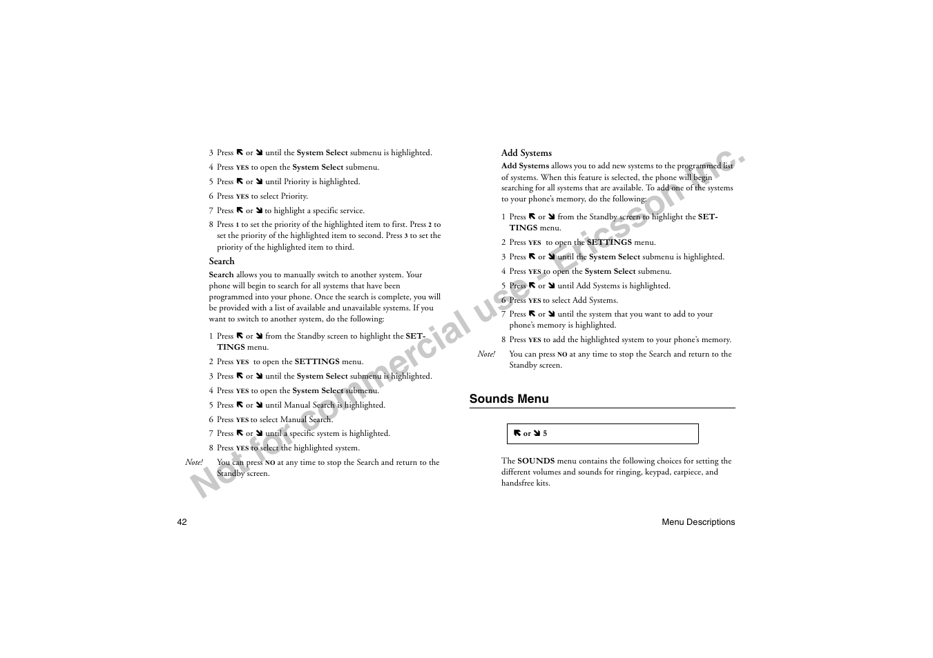 Sounds menu, No t f or co m m er cia l u se - e ric ss on in c | Ericsson T18di User Manual | Page 46 / 84