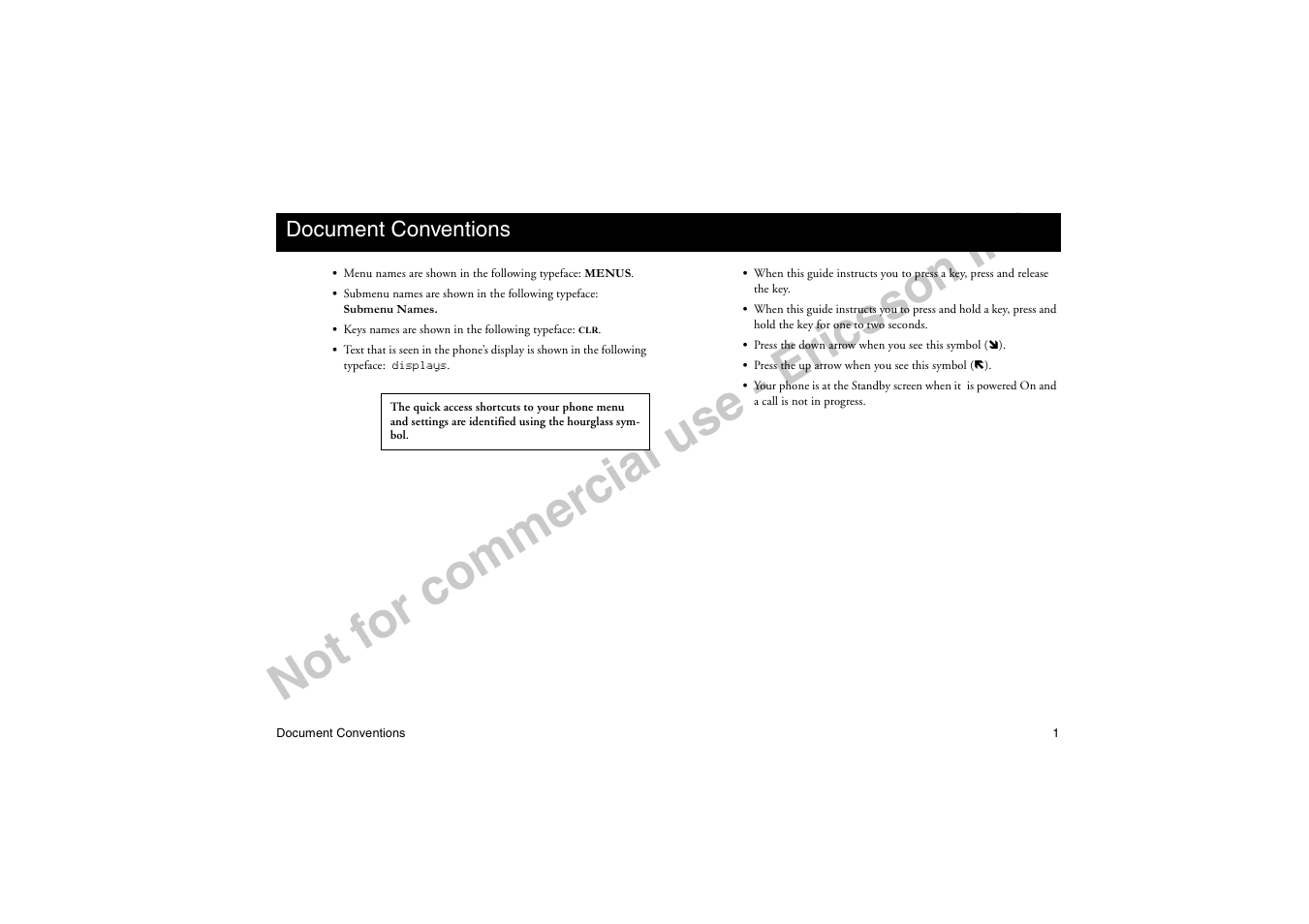 Document conventions, No t f or co m m er cia l u se - e ric ss on in c | Ericsson T18di User Manual | Page 5 / 84