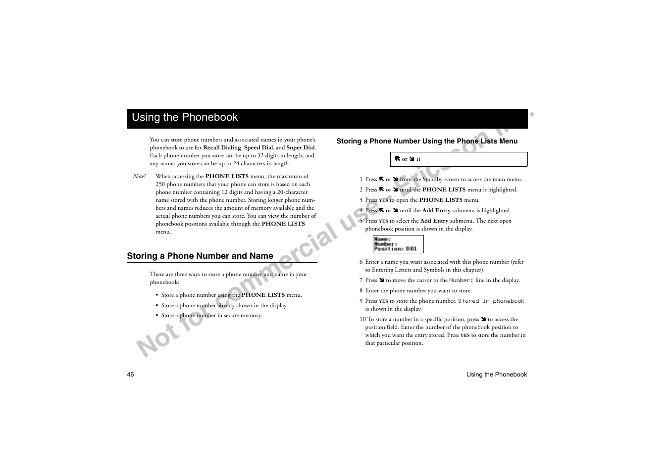 Using the phonebook, Storing a phone number and name, No t f or co m m er cia l u se - e ric ss on in c | Ericsson T18di User Manual | Page 50 / 84