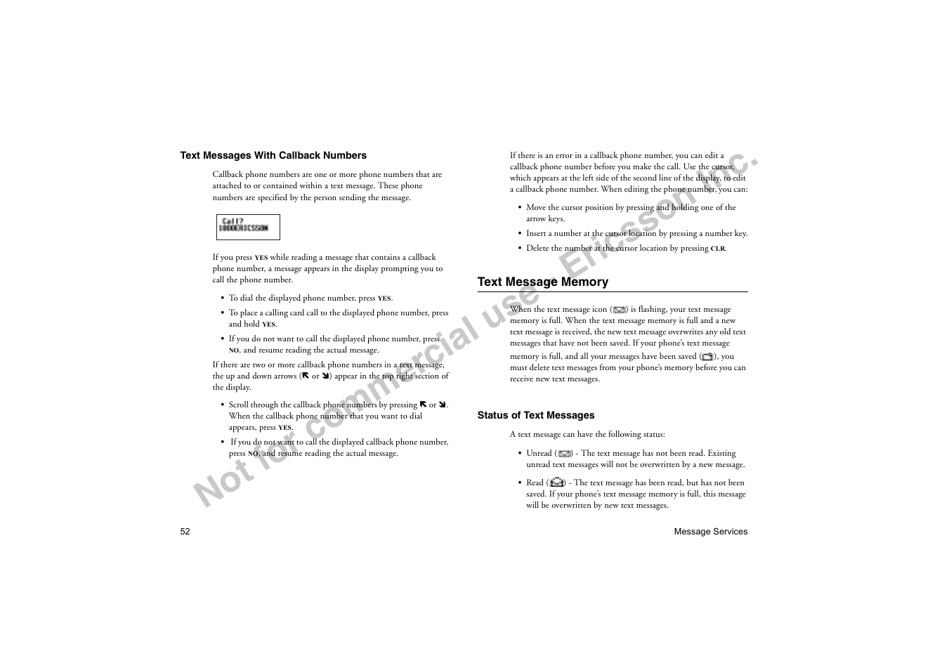 Text message memory, No t f or co m m er cia l u se - e ric ss on in c | Ericsson T18di User Manual | Page 56 / 84