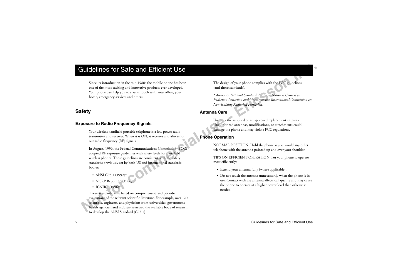 Guidelines for safe and efficient use, Safety, No t f or co m m er cia l u se - e ric ss on in c | Ericsson T18di User Manual | Page 6 / 84